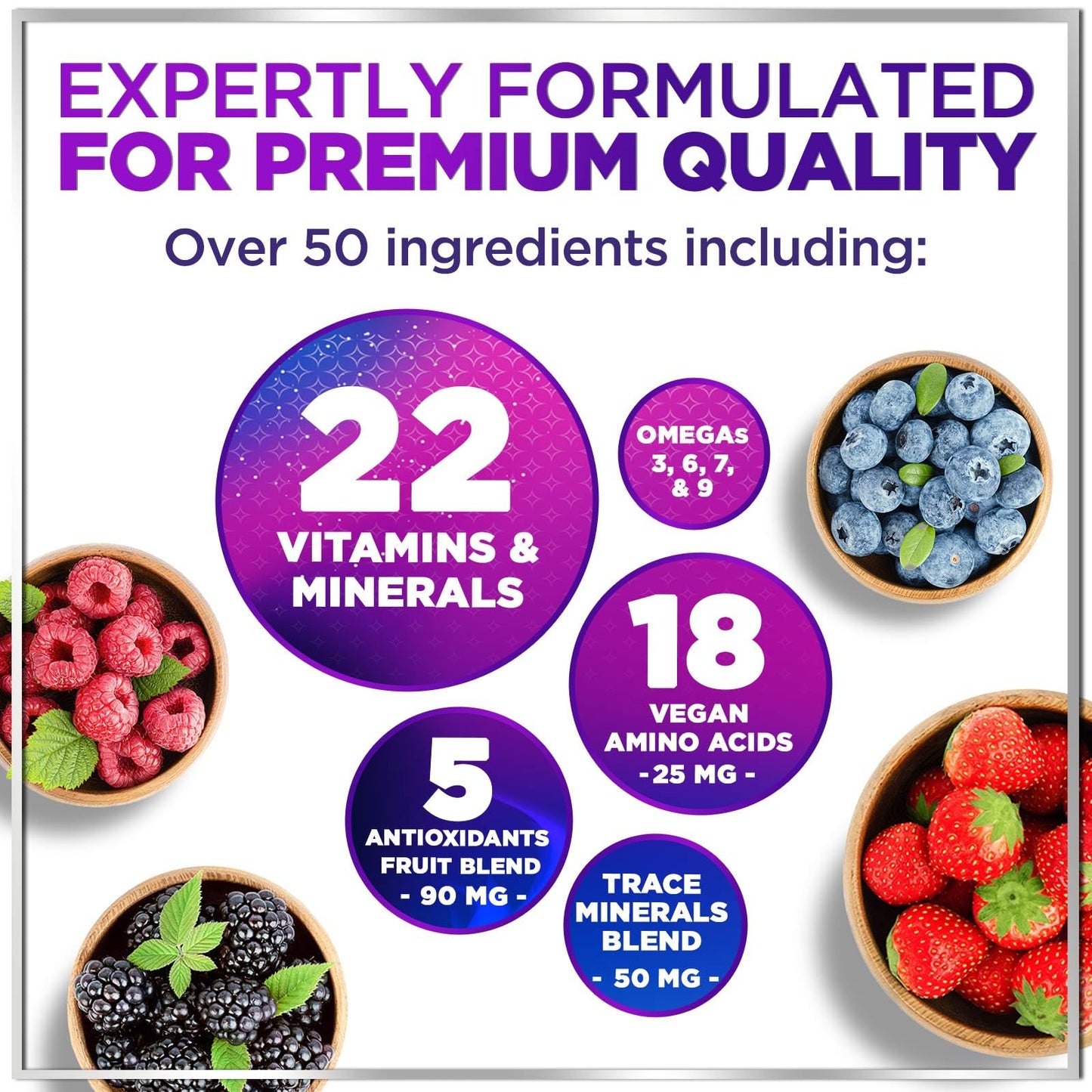 Características multivitamínicas veganas y sin azúcar