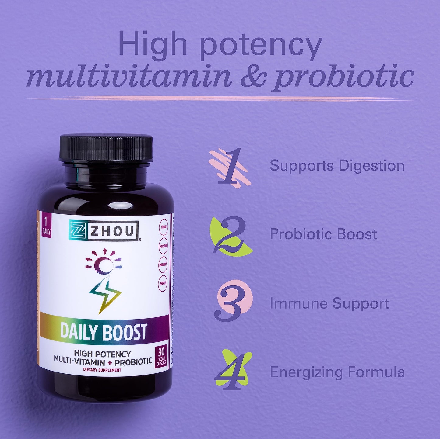 Características del multivitamínico Zhou Daily Boost para digestión y energía