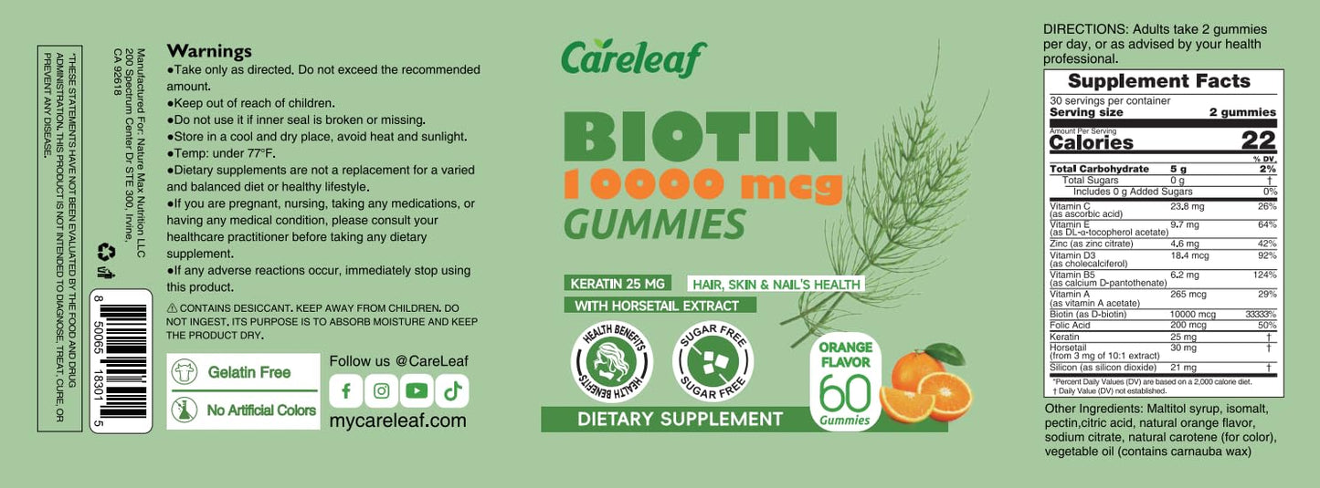 Gomitas de biotina careleaf sabor naranja para crecimiento de cabello
