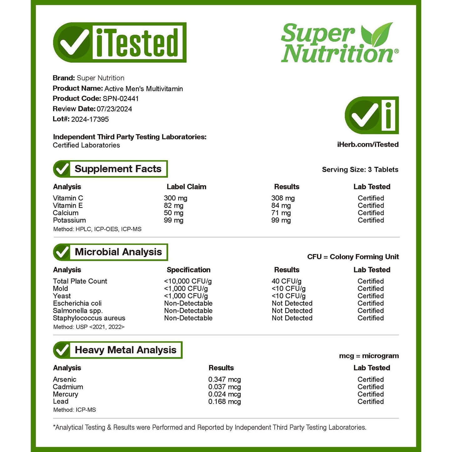 Certificado iTested del producto multivitamínico Super Nutrition