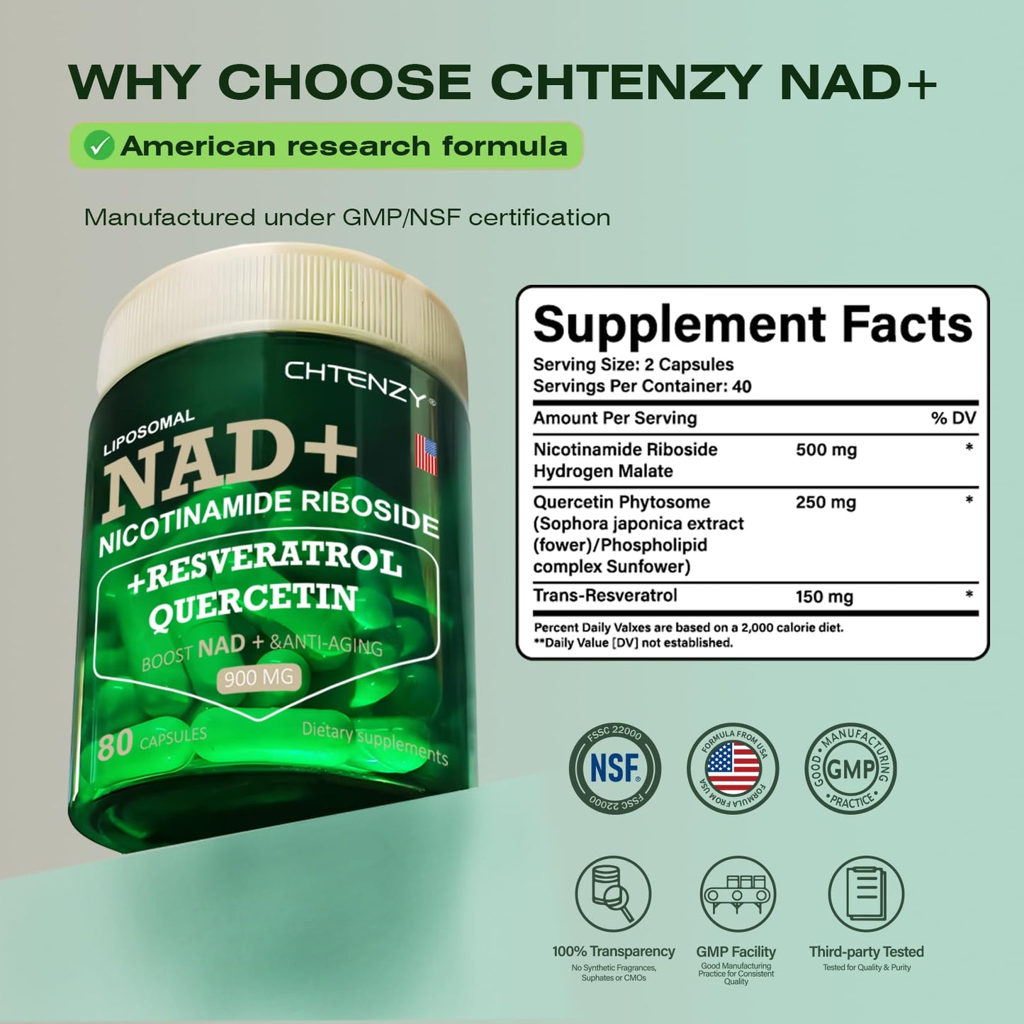 Cápsulas de la botella suplemento NAD+ CHTENZY 900mg para mujeres