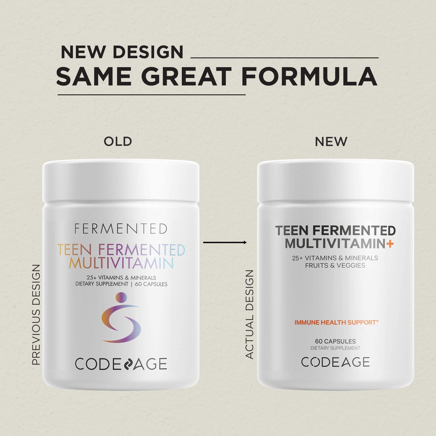 Comparativo de diseño antiguo y nuevo del multivitamínico Codeage