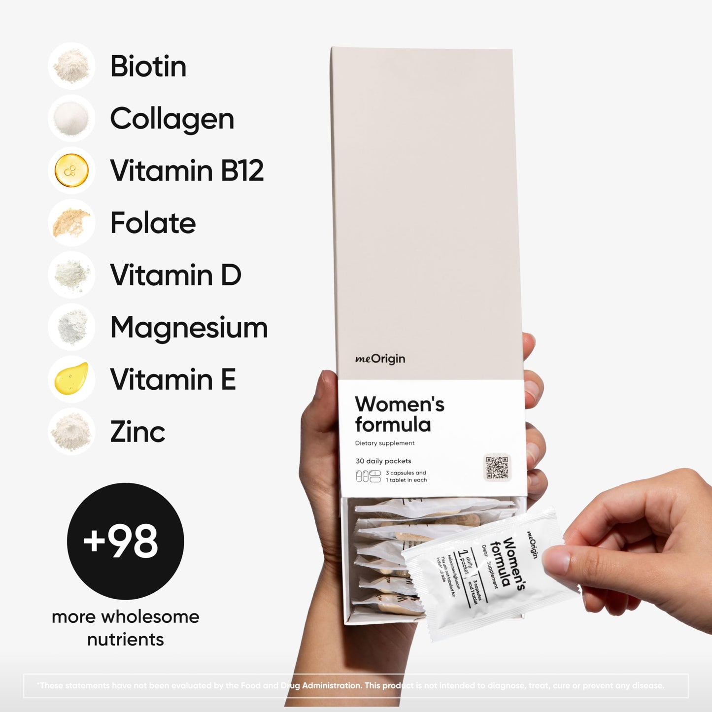 Componentes del multivitamínico meOrigin para mujeres, incluye biotina y colágeno