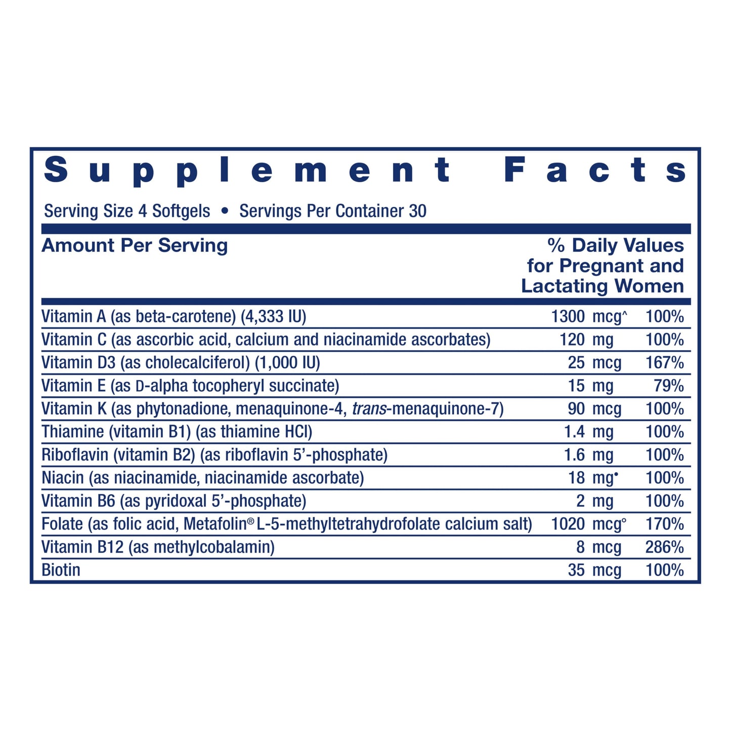 Componentes nutrientes Life Extension Prenatal Advantage
