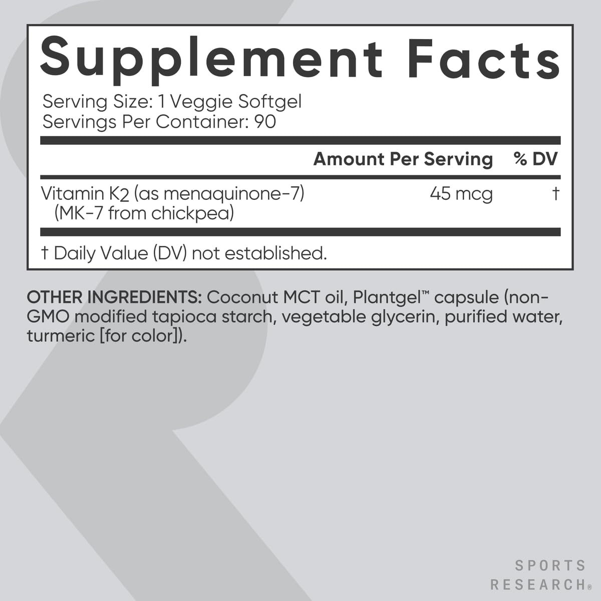 Contenido cápsulas blandas suplemento Sports Research Vitamina K2