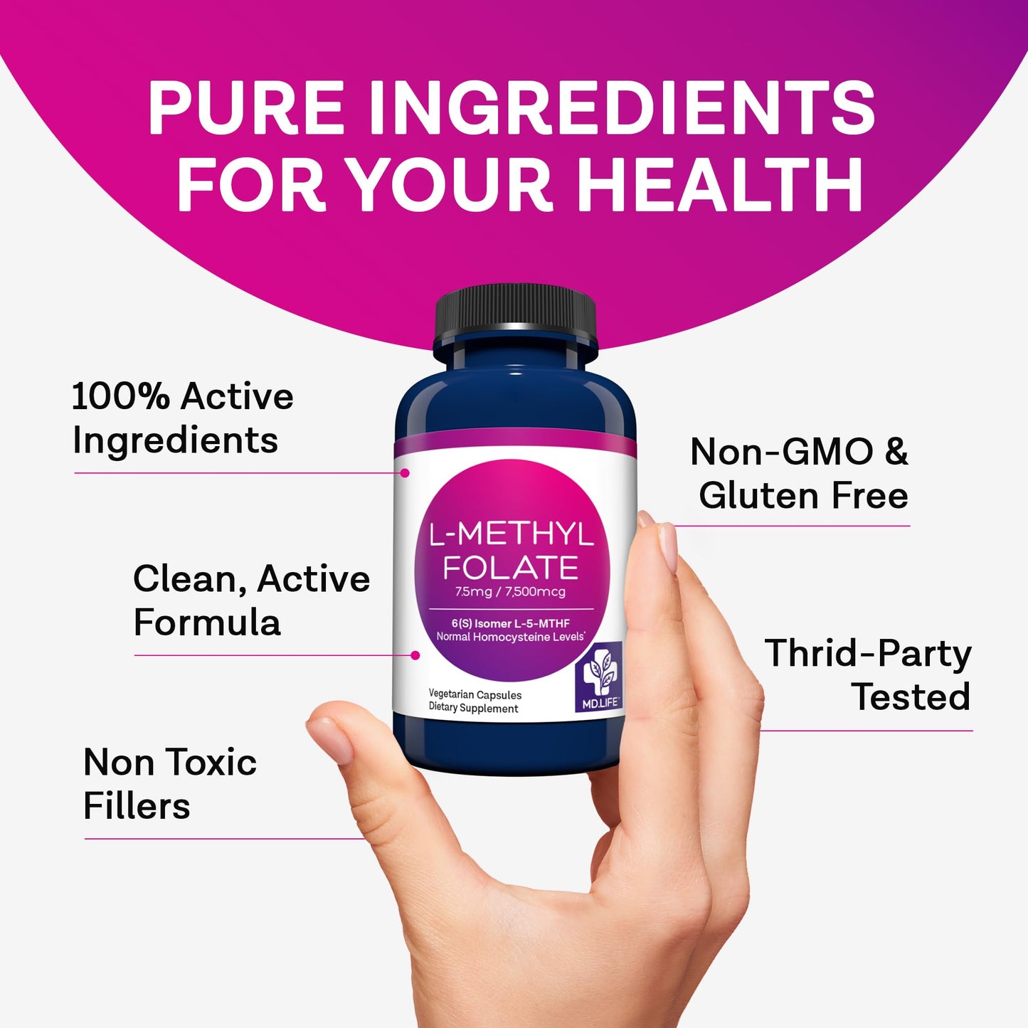 Contenido de cápsulas md life suplemento metilfolato activo