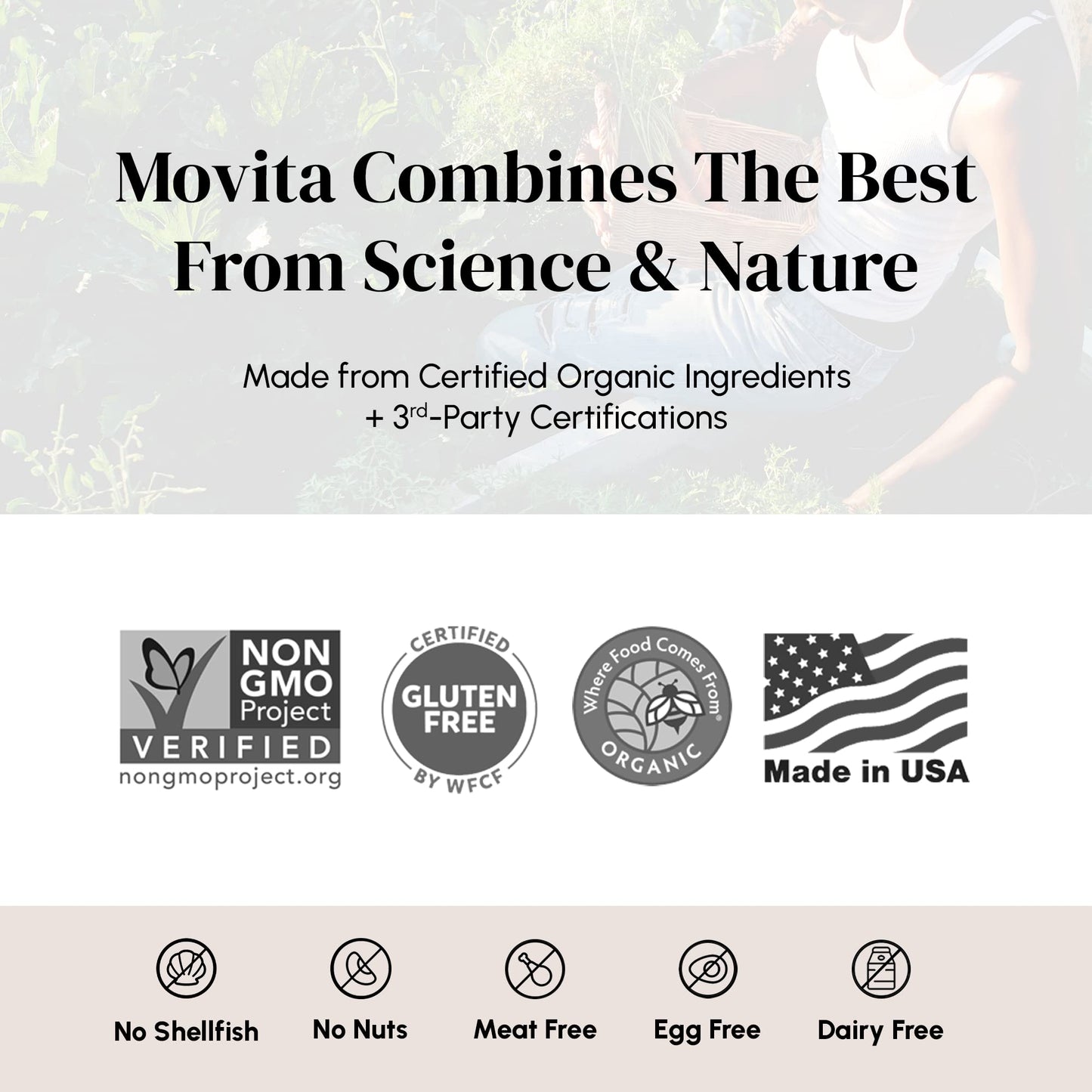 Contenido nutricional multivitaminas prenatales Movita vegano y sin gluten