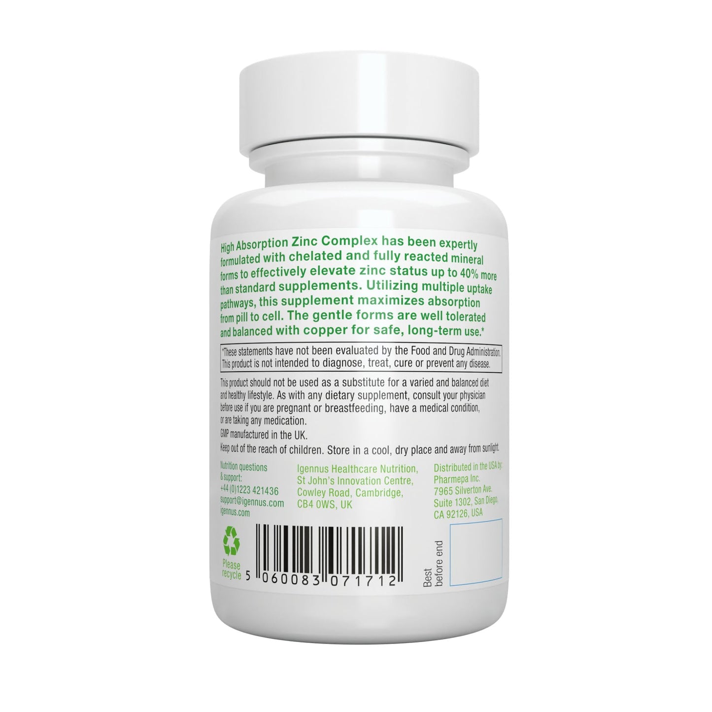 Contenido del paquete Igennus Super B-Complex y Zinc