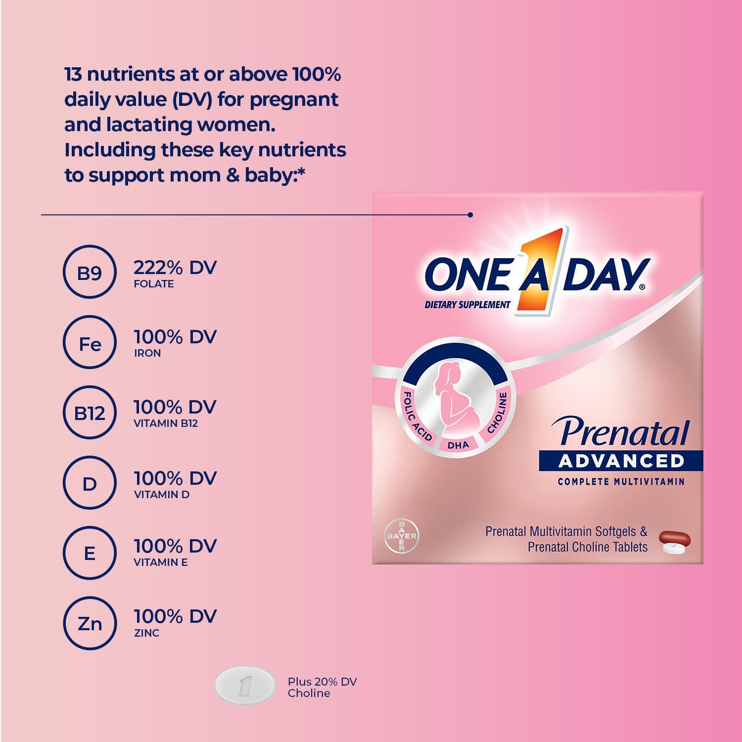 Contenido del paquete vitaminas One A Day prenatal