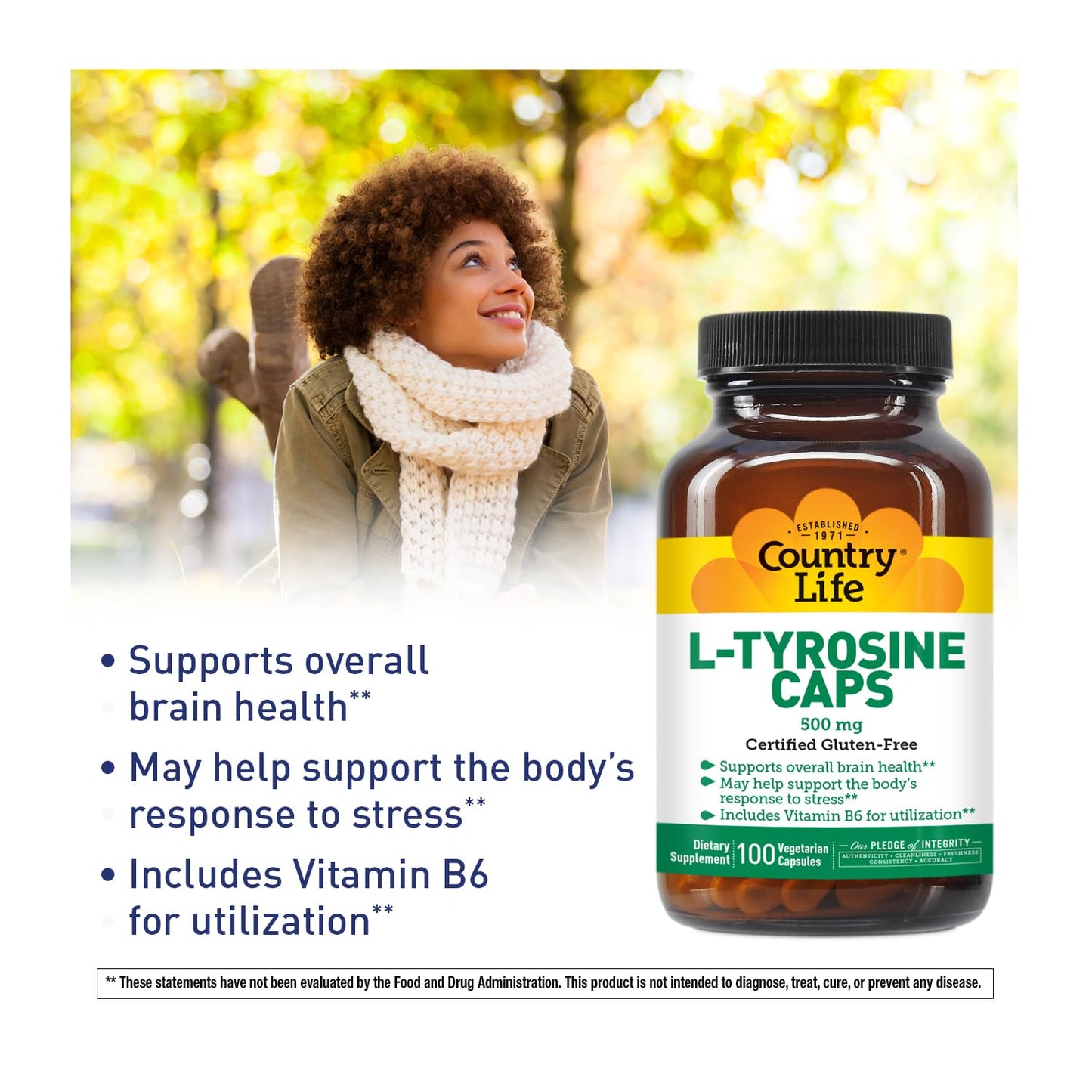 Cápsulas vegetarianas Country Life L-Tirosina para enfoque y energía