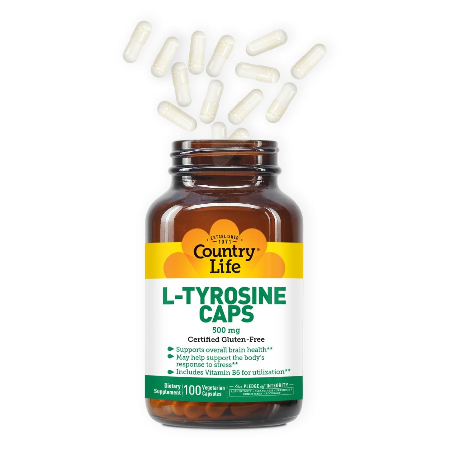 Suplemento cápsulas Country Life L-Tirosina 500mg foco y energía