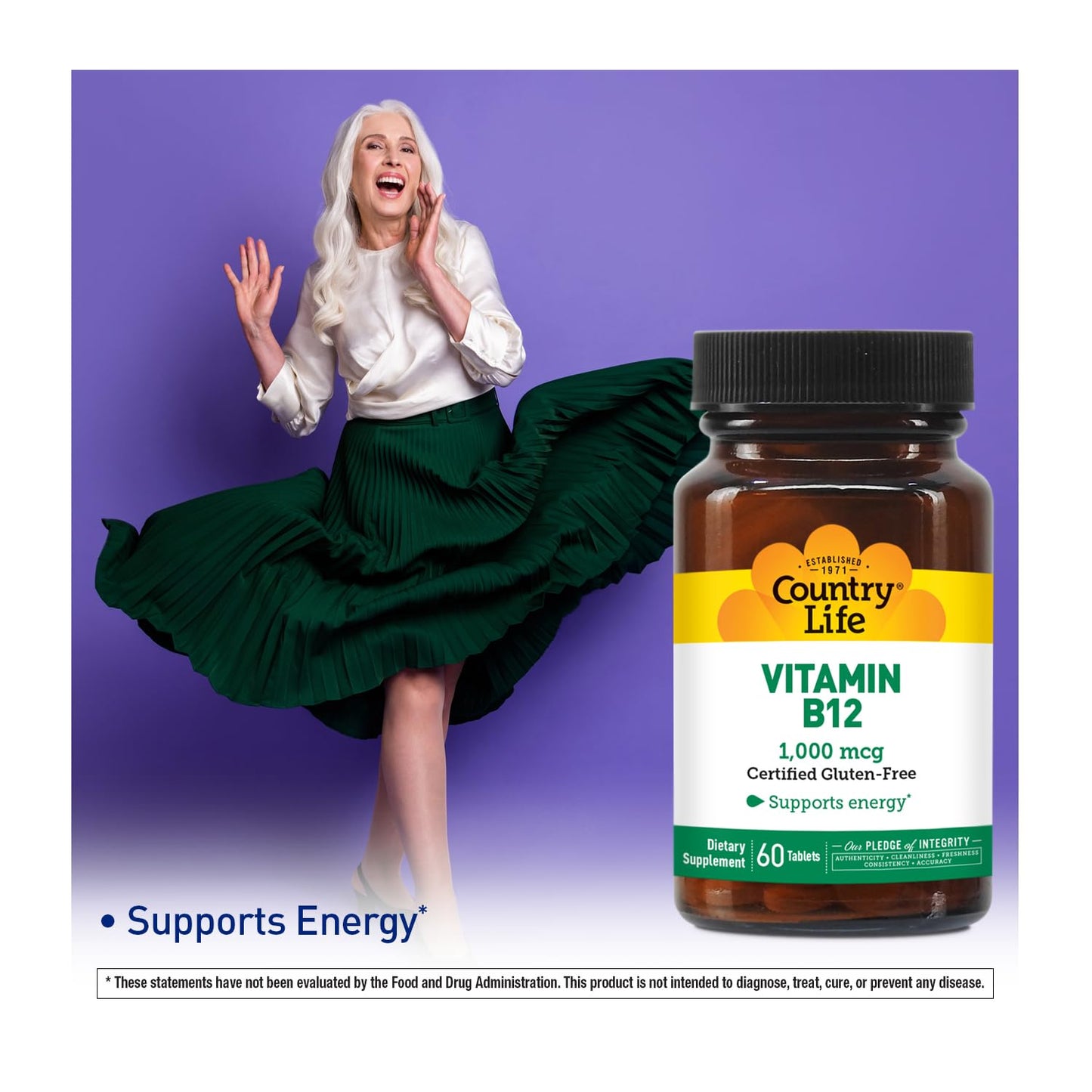Vista superior tabletas vitamina B12 Country Life vegана