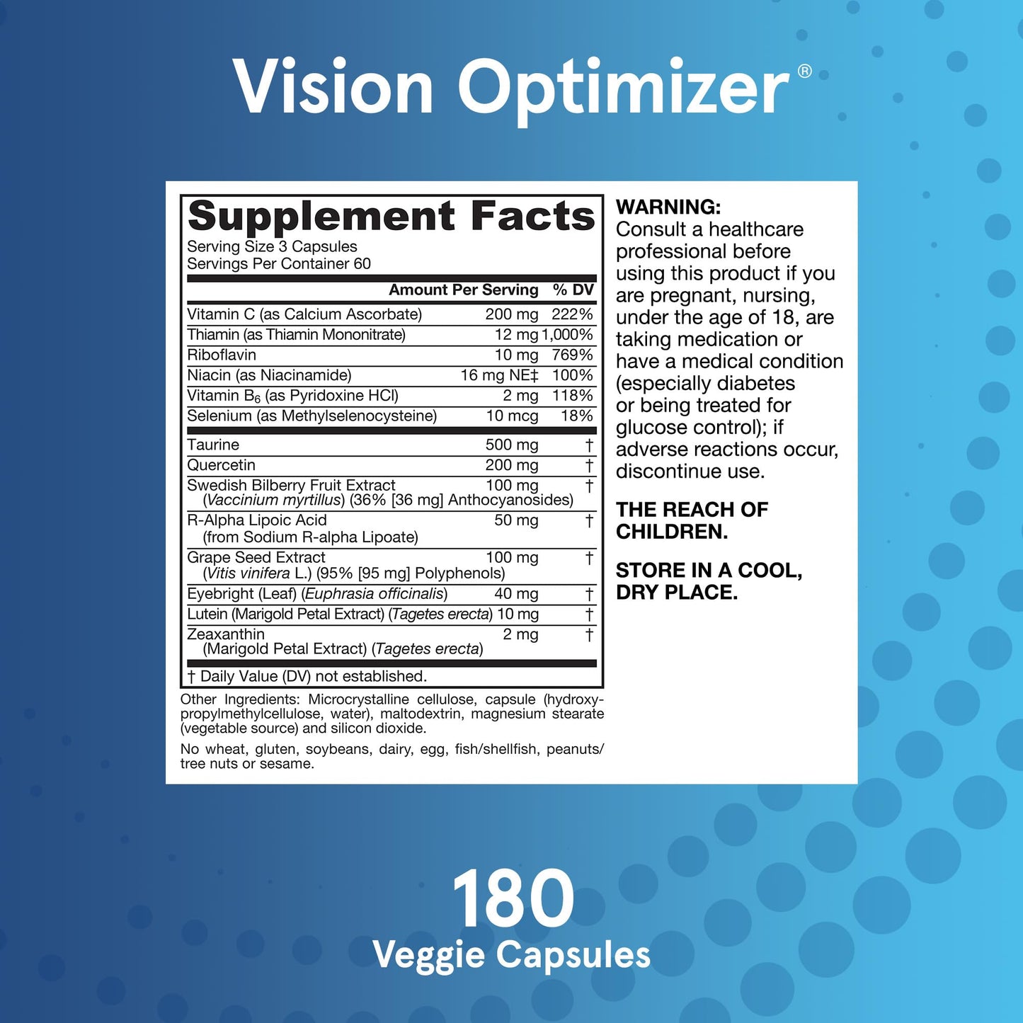 Datos nutricionales de Vision Optimizer, suplemento para ojos