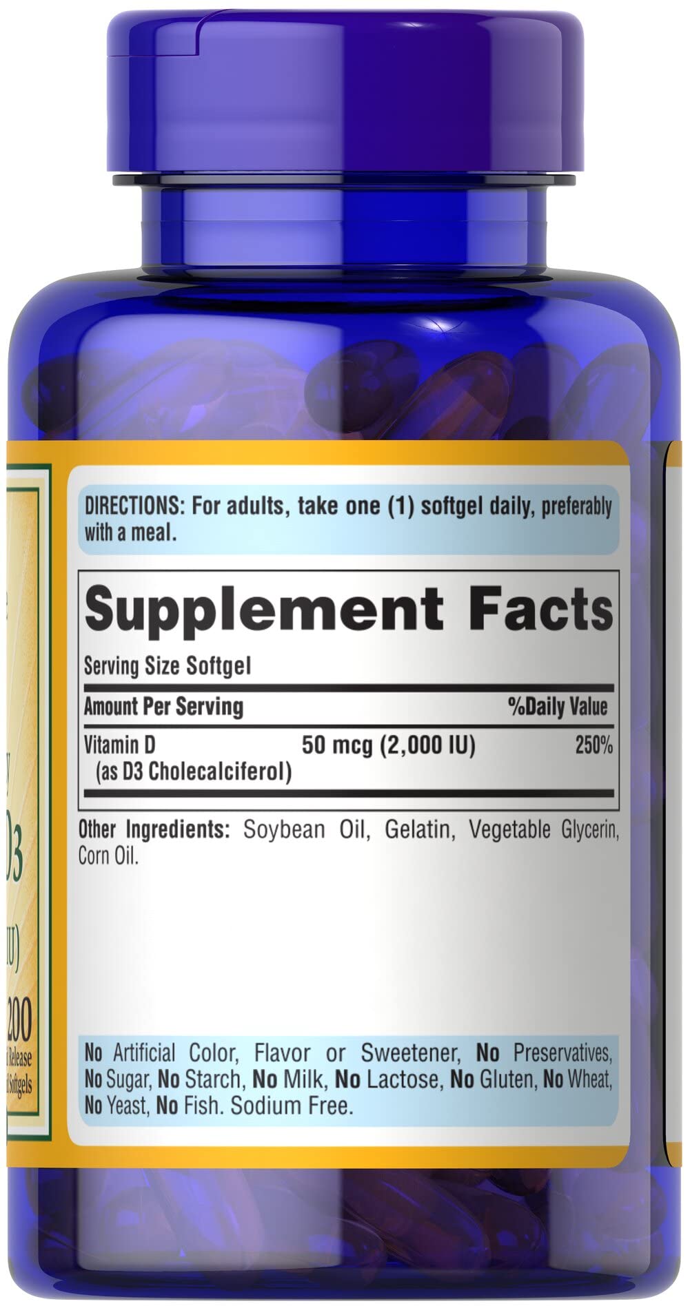 Descripción en el envase de Vitamina D3 Puritan's