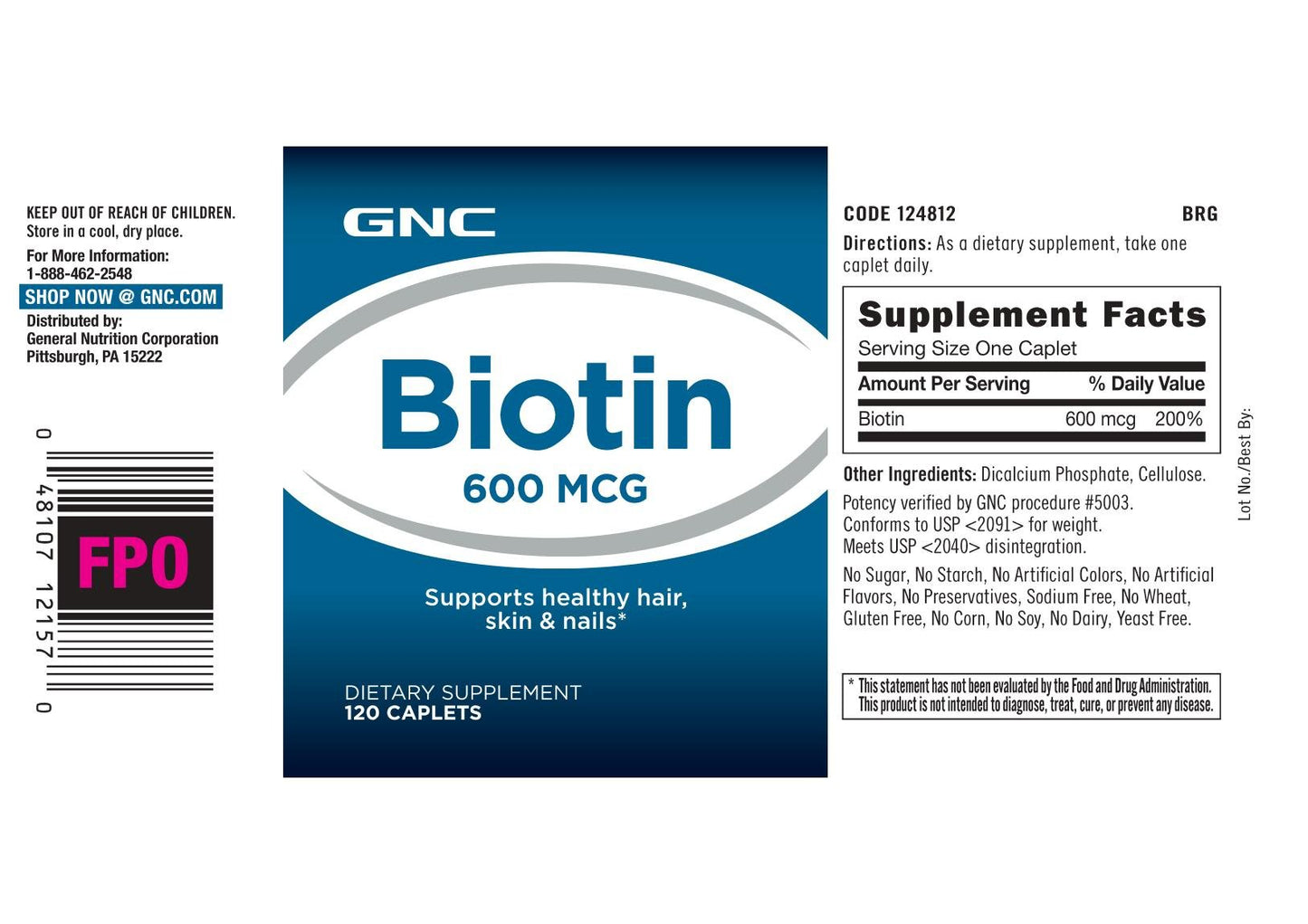 Detalle botella biotina GNC 600 mcg