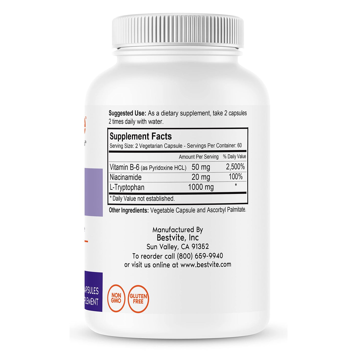 Detalle botella L-Triptófano 500 mg con vitaminas B