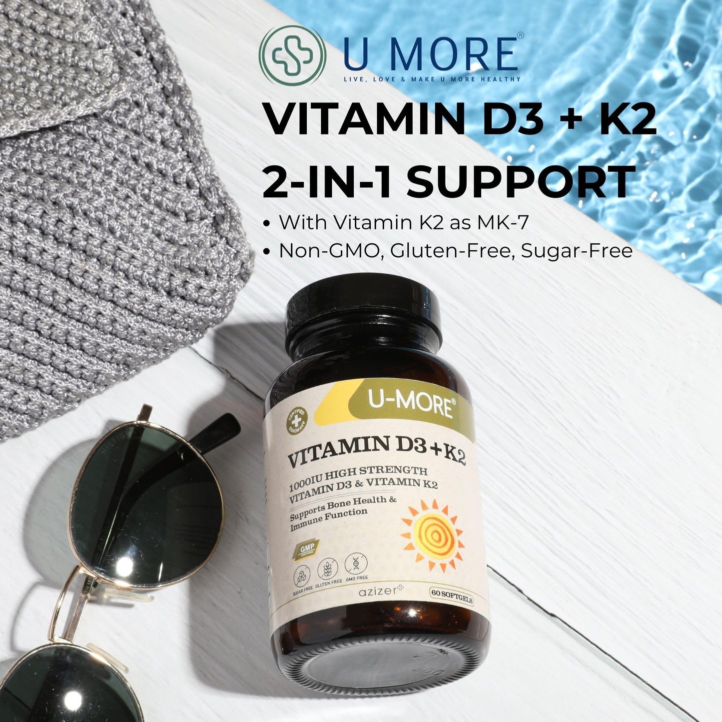 Detalle caja U-MORE vitamina D3 y K2 suplemento huesos e inmunidad