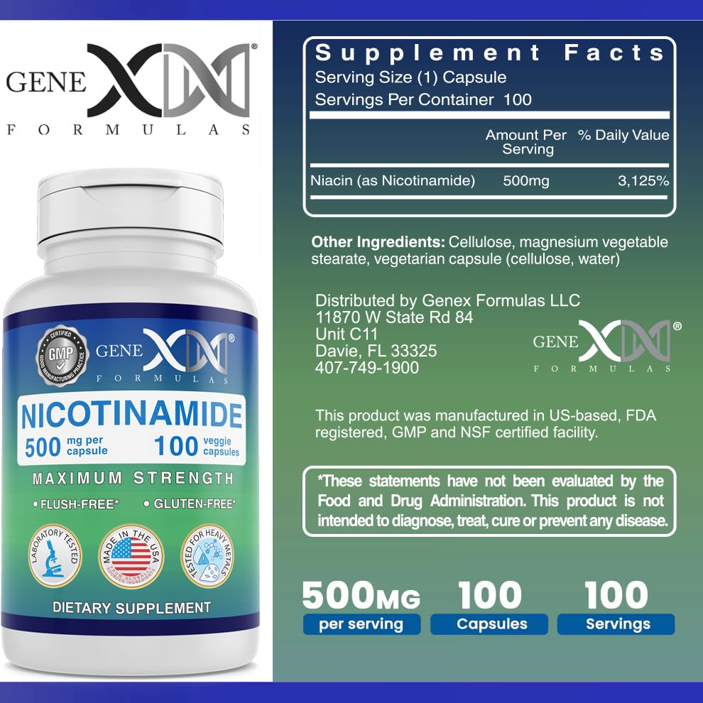 Detalle de cápsulas suplemento niacinamida Genex Formulas