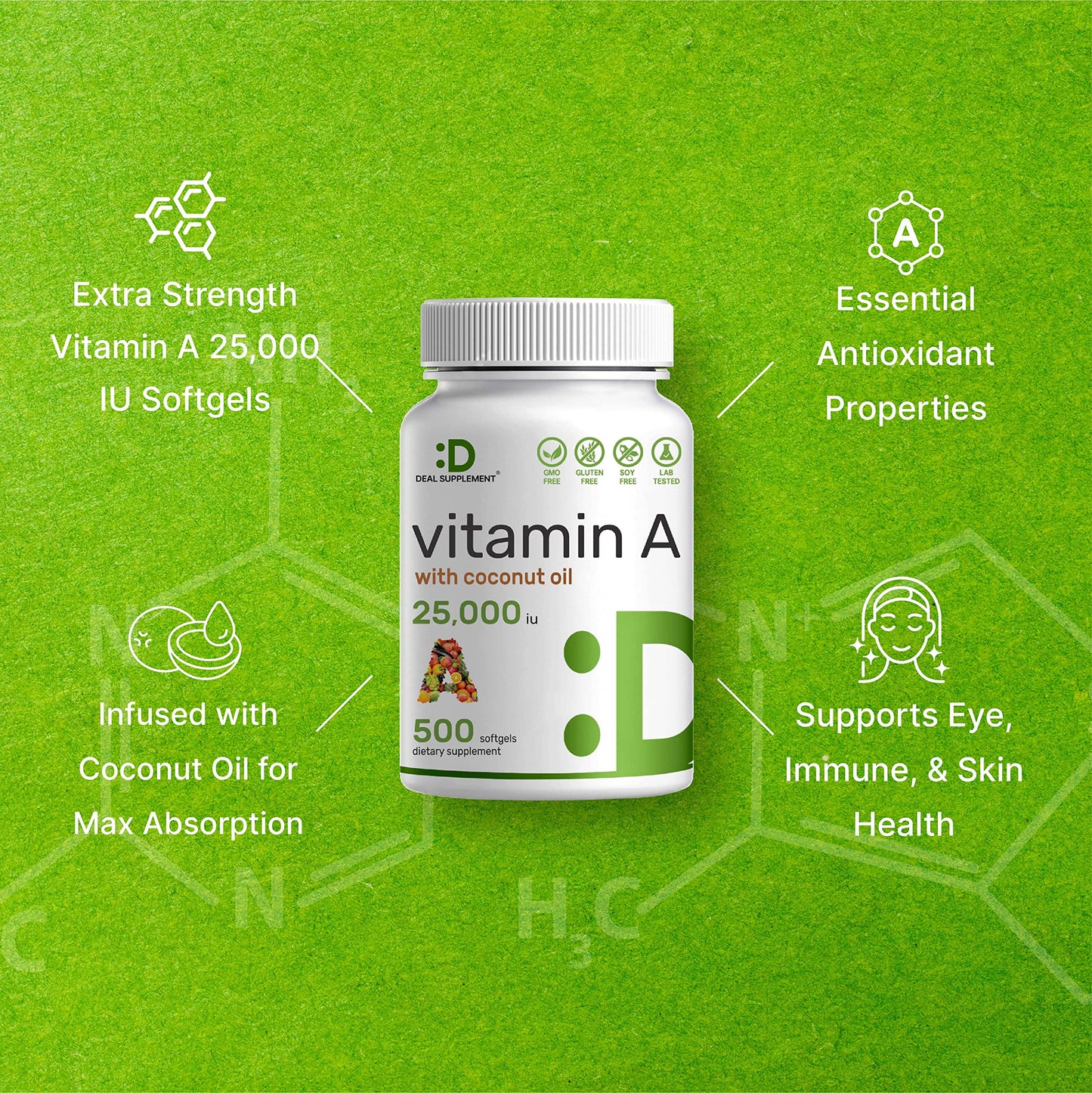Detalles cápsulas blandas DEAL SUPPLEMENT Vitamina A 25,000 UI