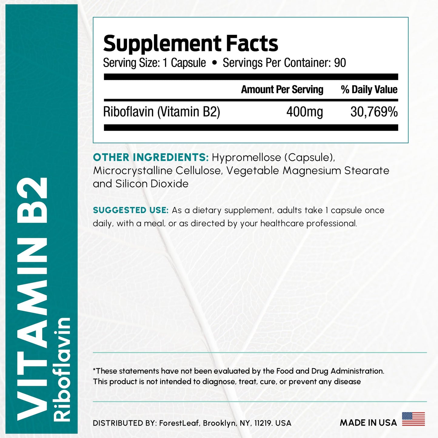Detalle cápsulas Vitamina B2 Riboflavina 400mg pack 90 unidad