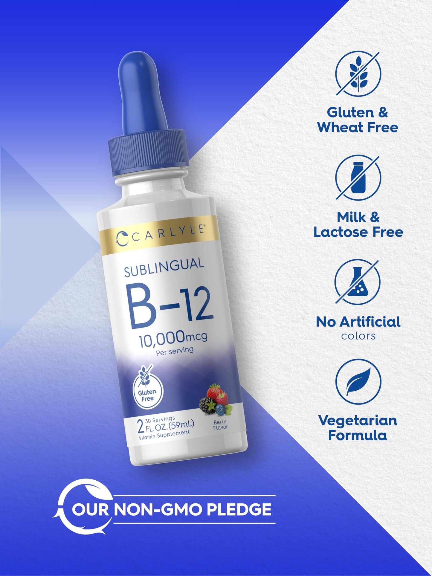 Detalle embalaje vitaminas B12 líquidas sin OGM y sin gluten Carlyle