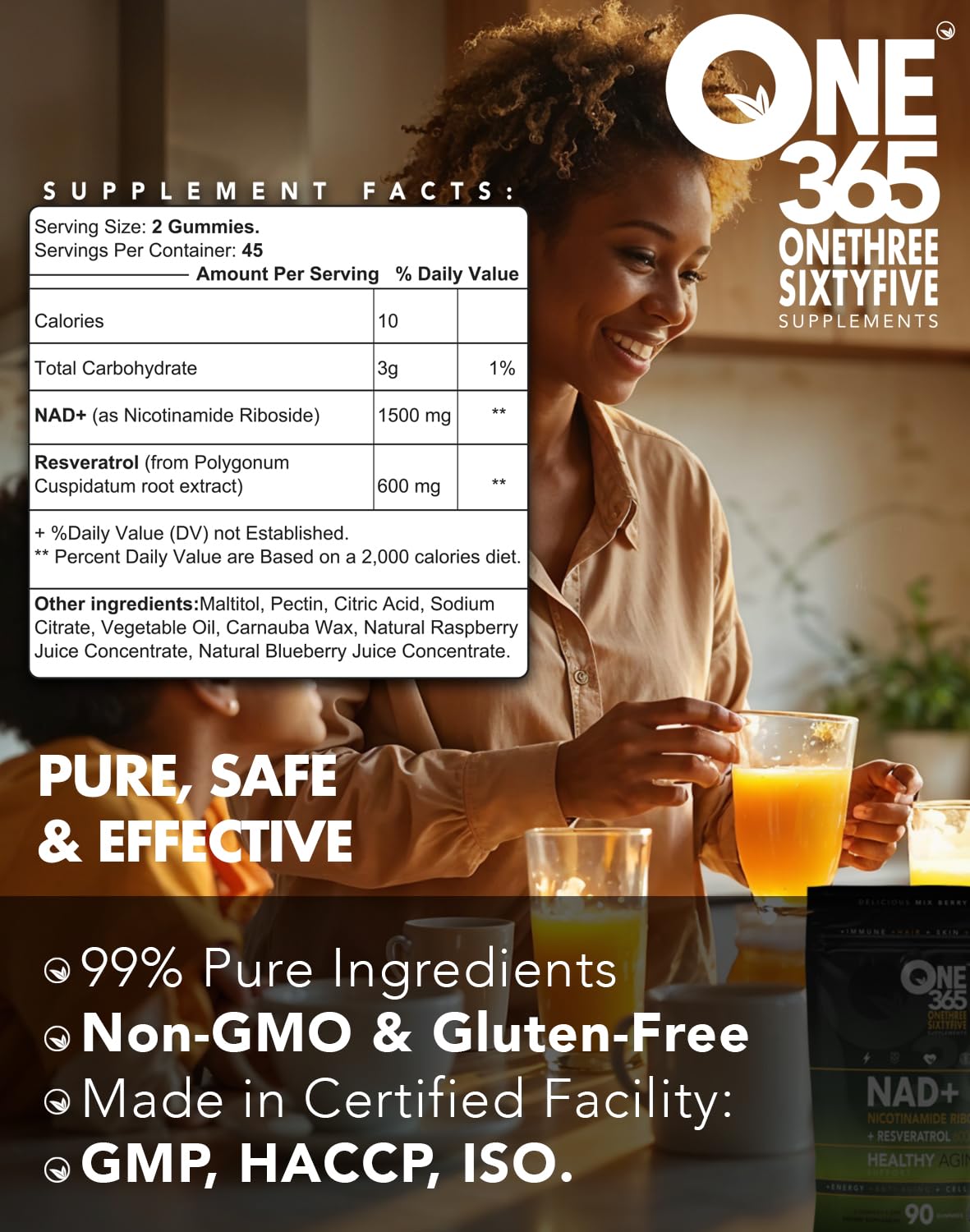 Detalle empaque gomitas ONE 365 NAD nicotinamida y resveratrol