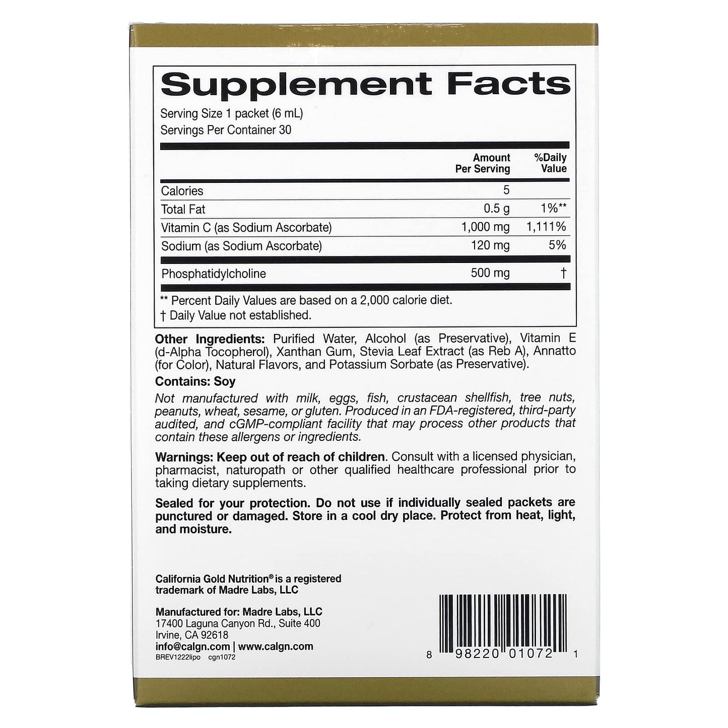 Detalle empaque vitamina c liposomal California Gold Nutrition