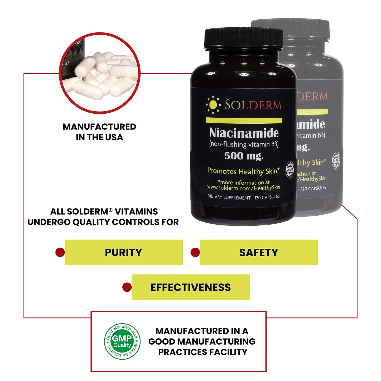 Detalle empaque vitaminas niacinamida SOLDERM 500mg sin gluten