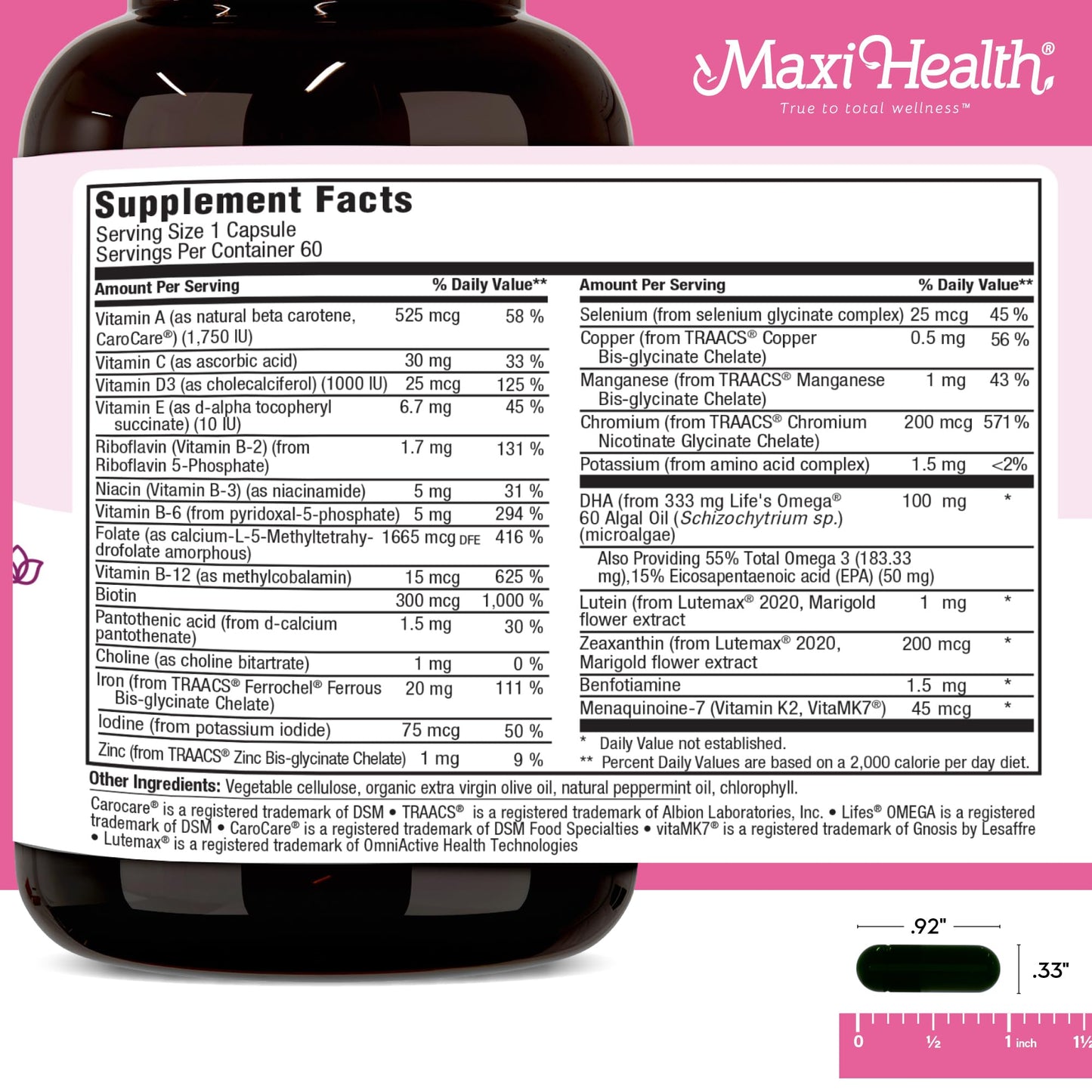 Detalle del envase de Maxi Health suplemento prenatal DHA