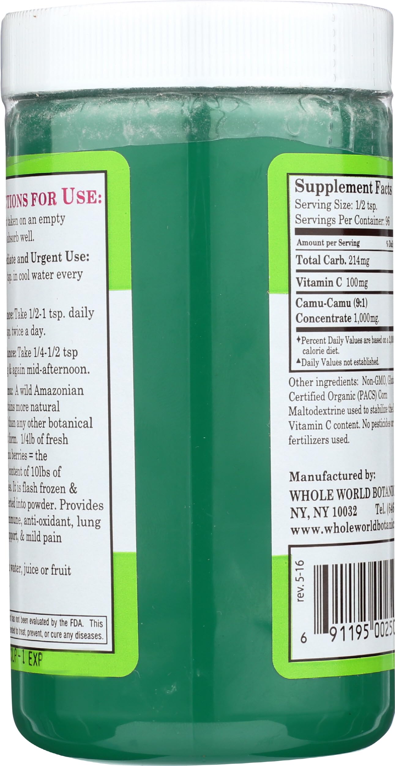 Detalle envase polvo camu camu whole world botanicals