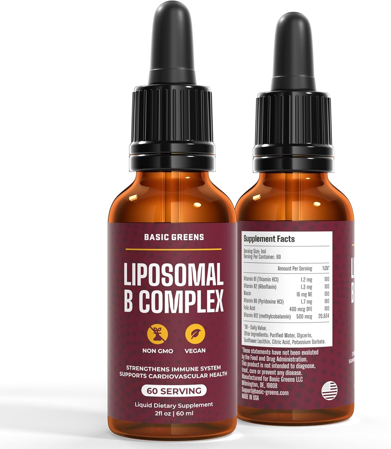 Detalle etiqueta BASIC GREENS complejo liposomal vitaminas B