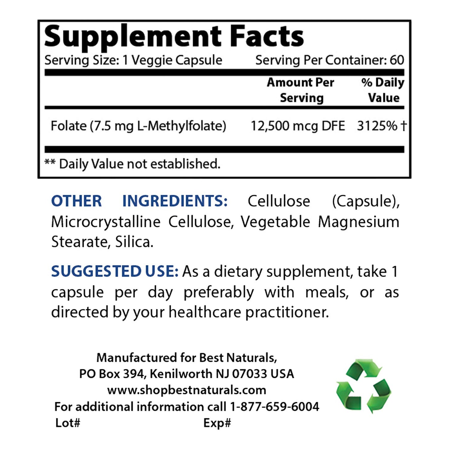 Detalle etiqueta Best Naturals Metilfolato 7500 mcg
