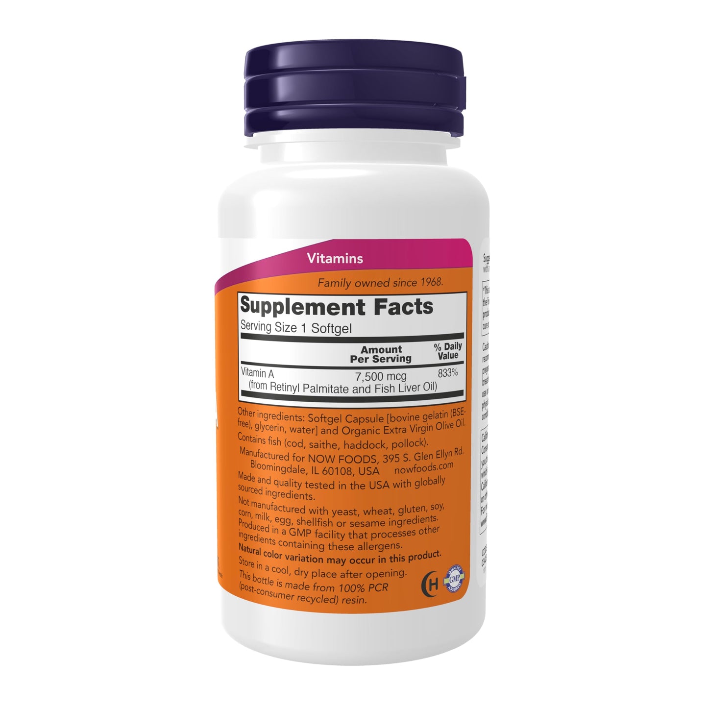 Detalle etiqueta cápsulas blandas vitamina A NOW Foods 250 unidades