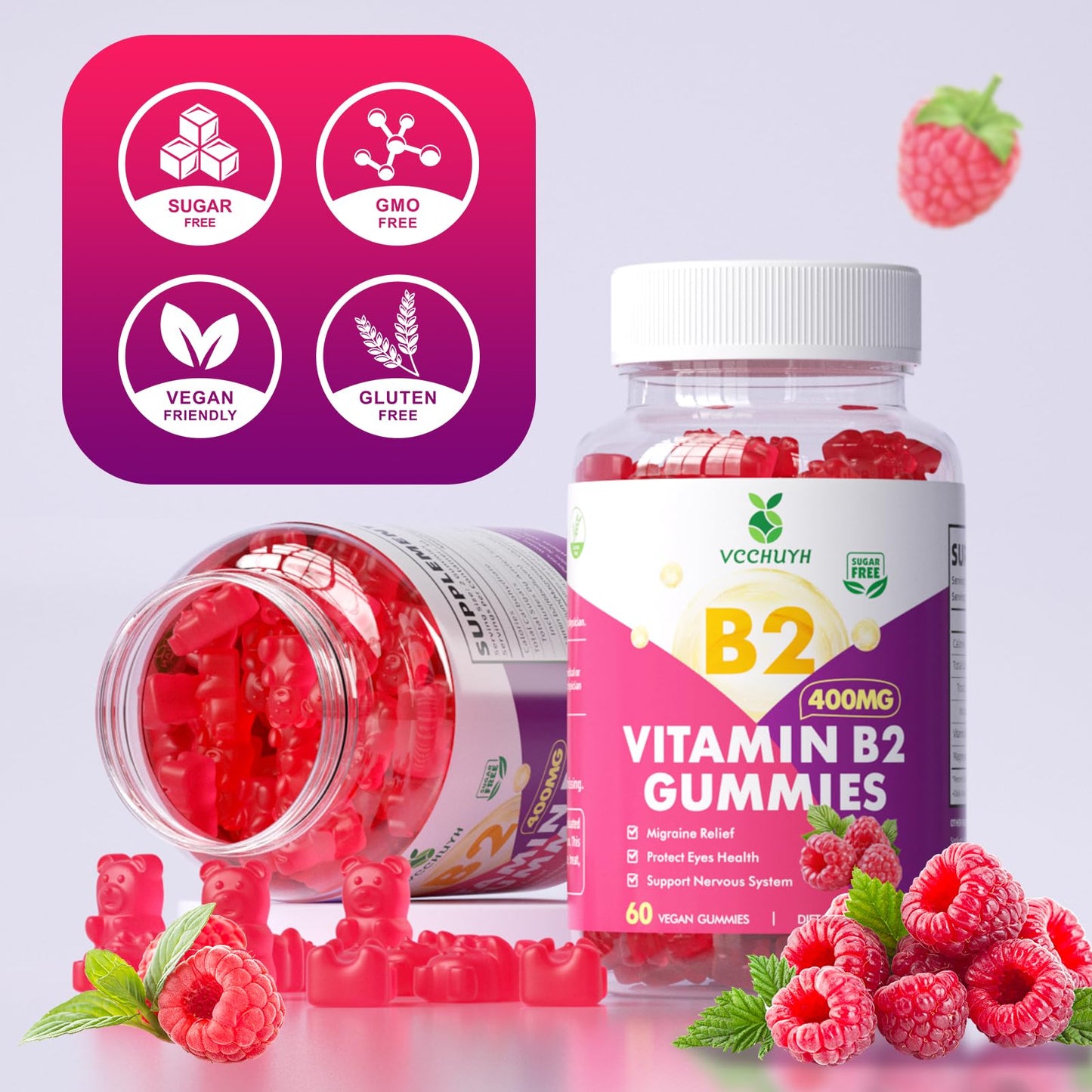 Detalle etiqueta gomitas VCCHUYH vitamina B2 sin OMG