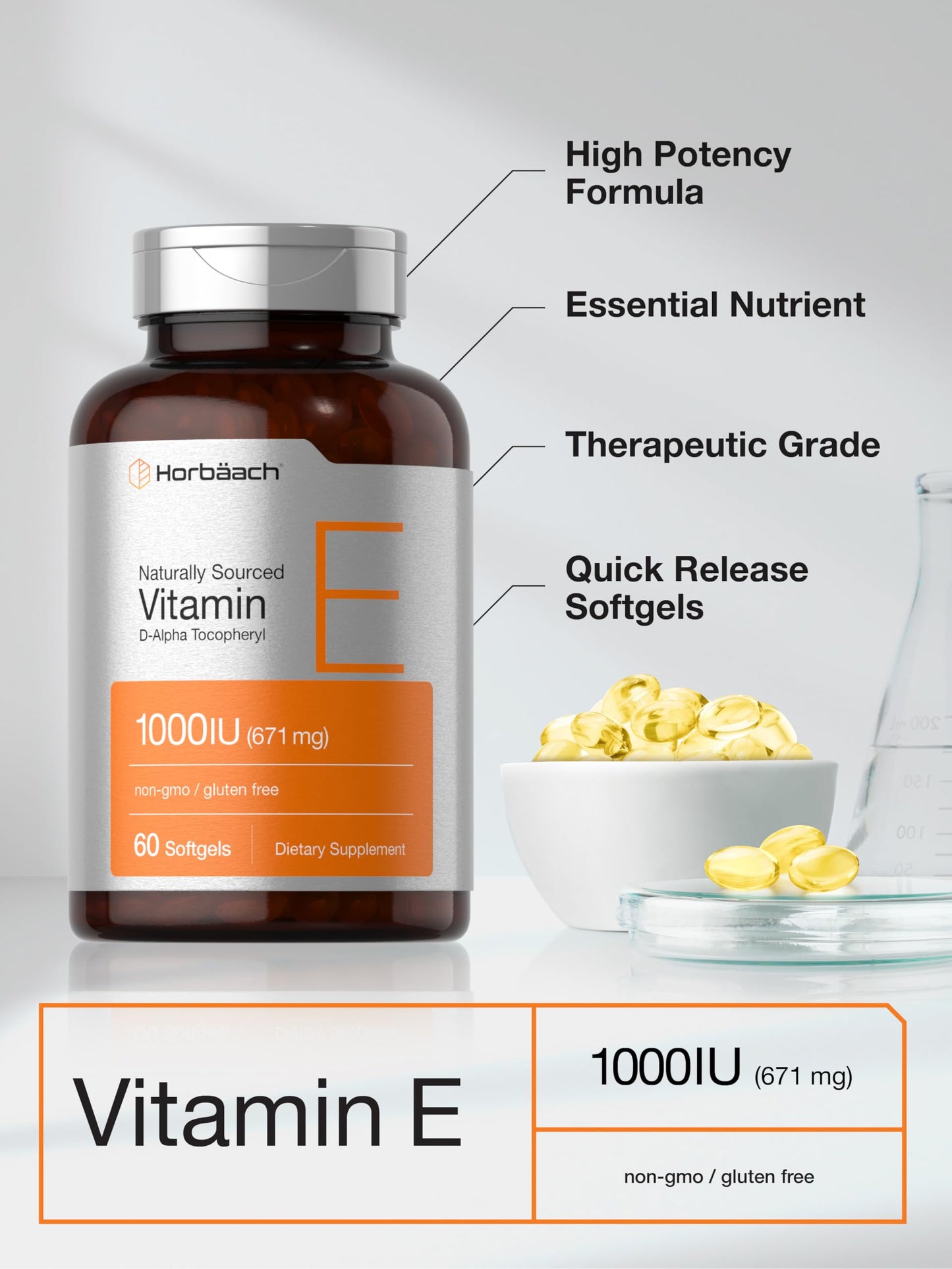 Detalle etiqueta Horbäach vitamina E 1000 IU softgels naturales