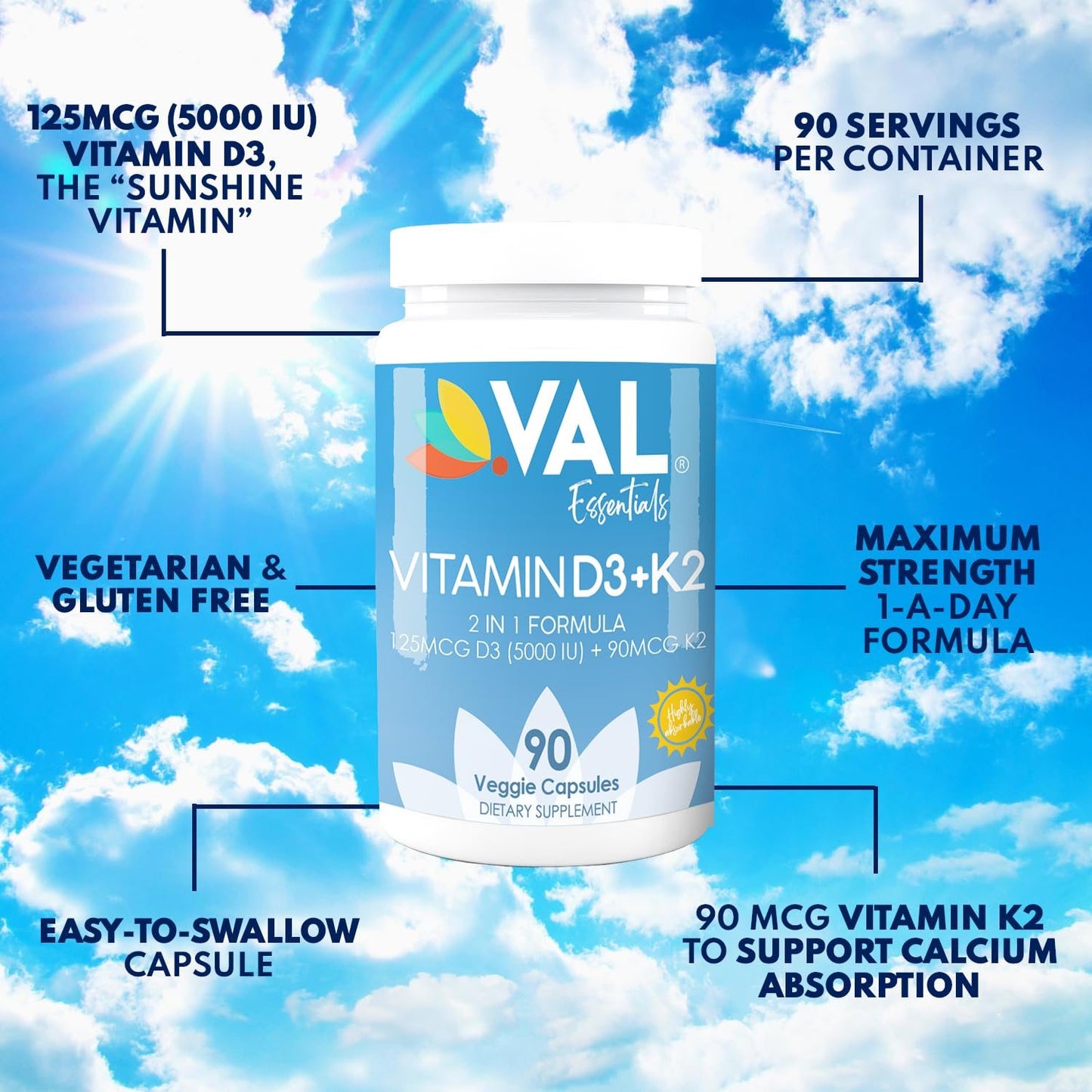 Detalle etiqueta suplemento val essentials vitamina k2 d3