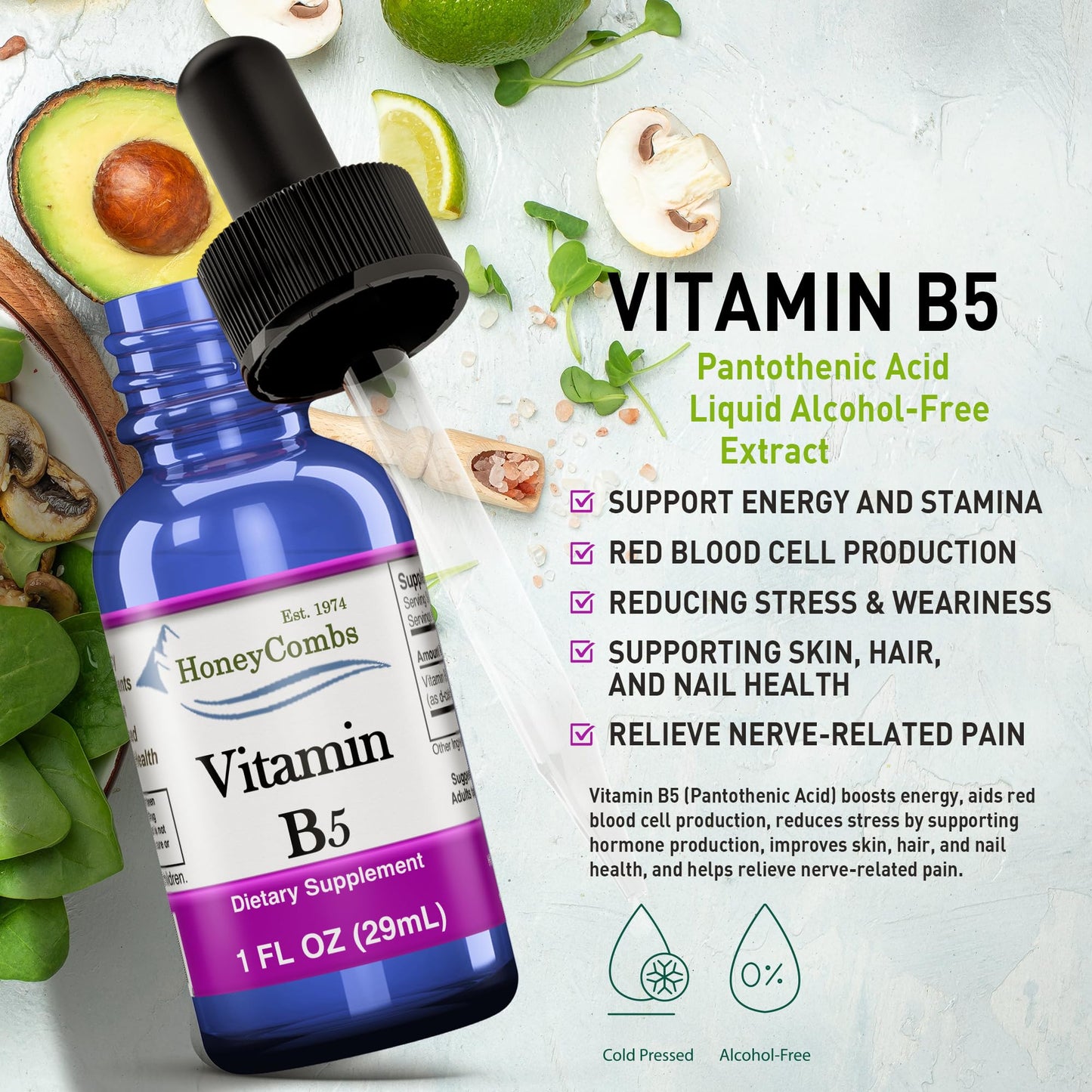 Detalle etiqueta suplementos vitamina B5 líquida