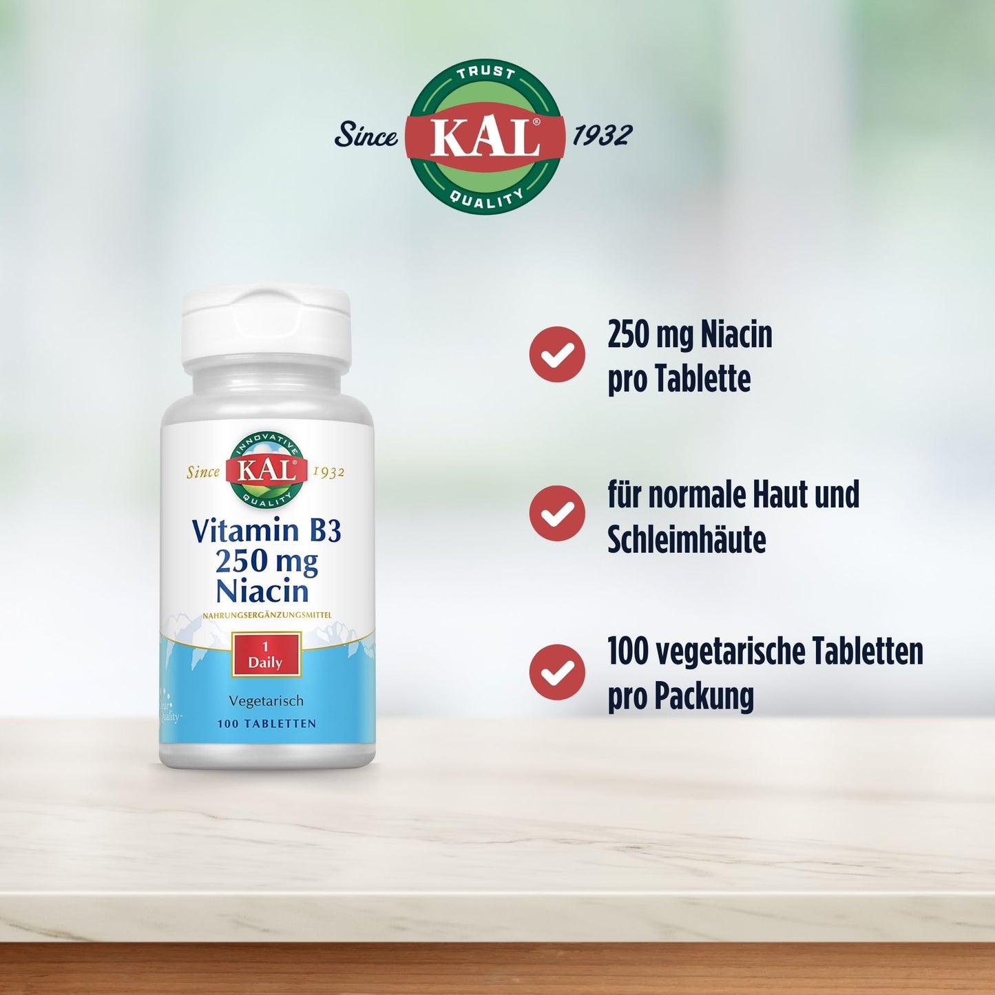 Detalle etiqueta tabletas niacina Kal 250 mg