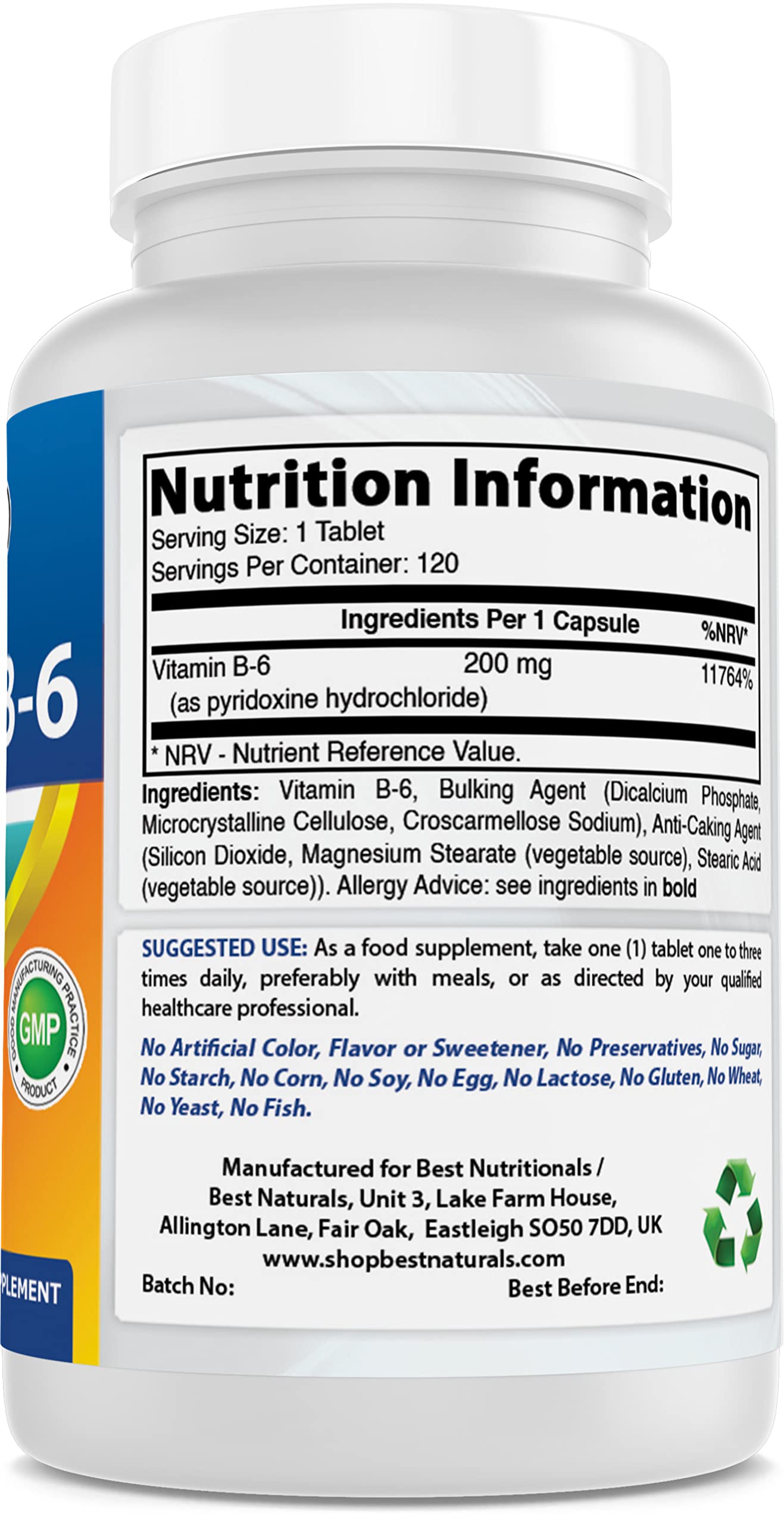 Detalle etiquetas Vitamina B6 200 mg Best Naturals