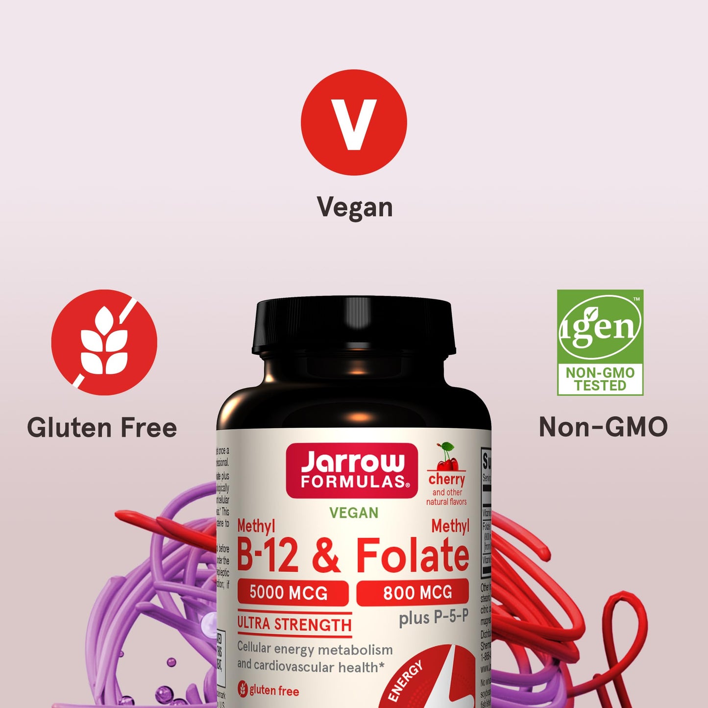 Detalle frasco Jarrow Formulas vitaminas B12 y B9 tabla