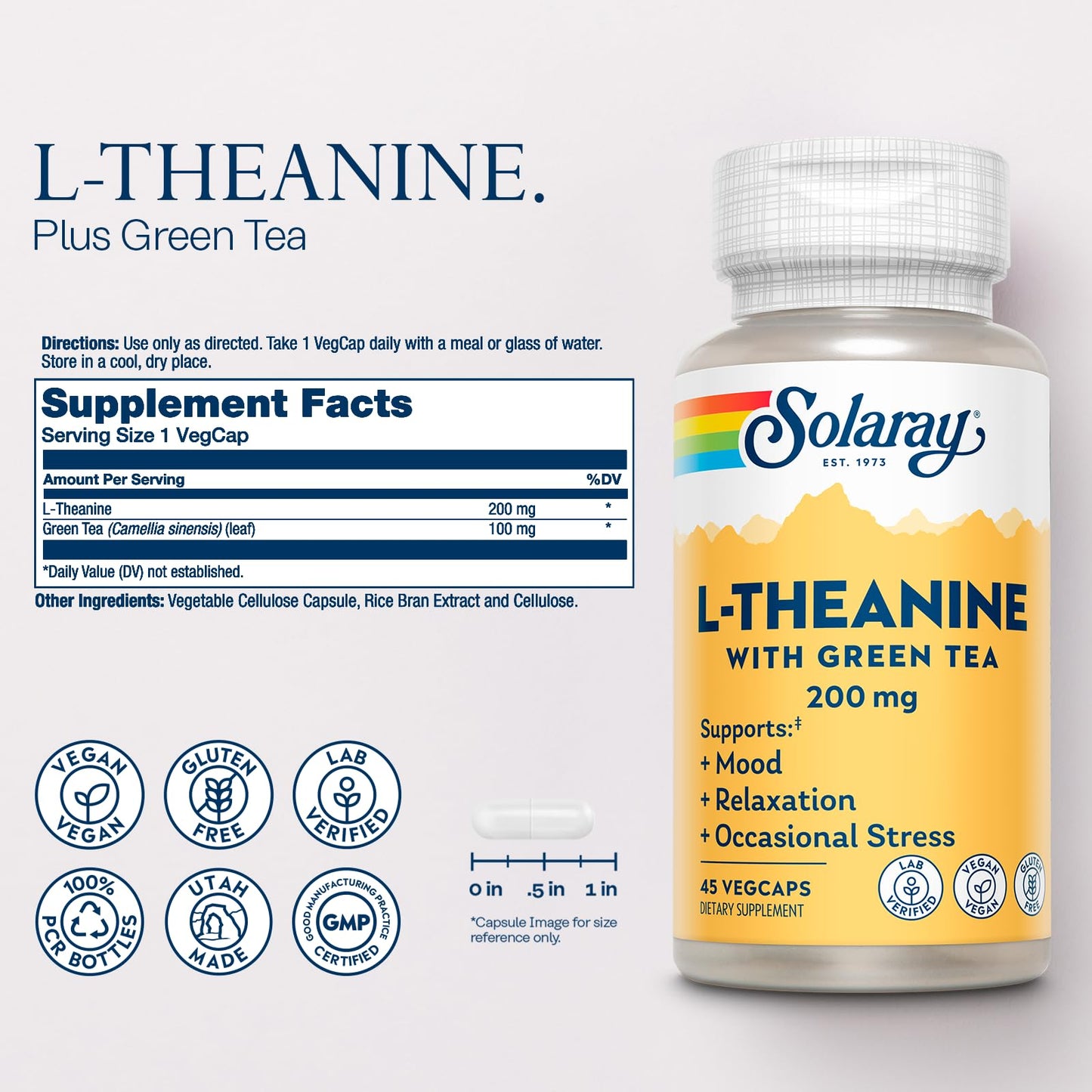 Detalle del frasco Solaray L-Teanina y Té Verde