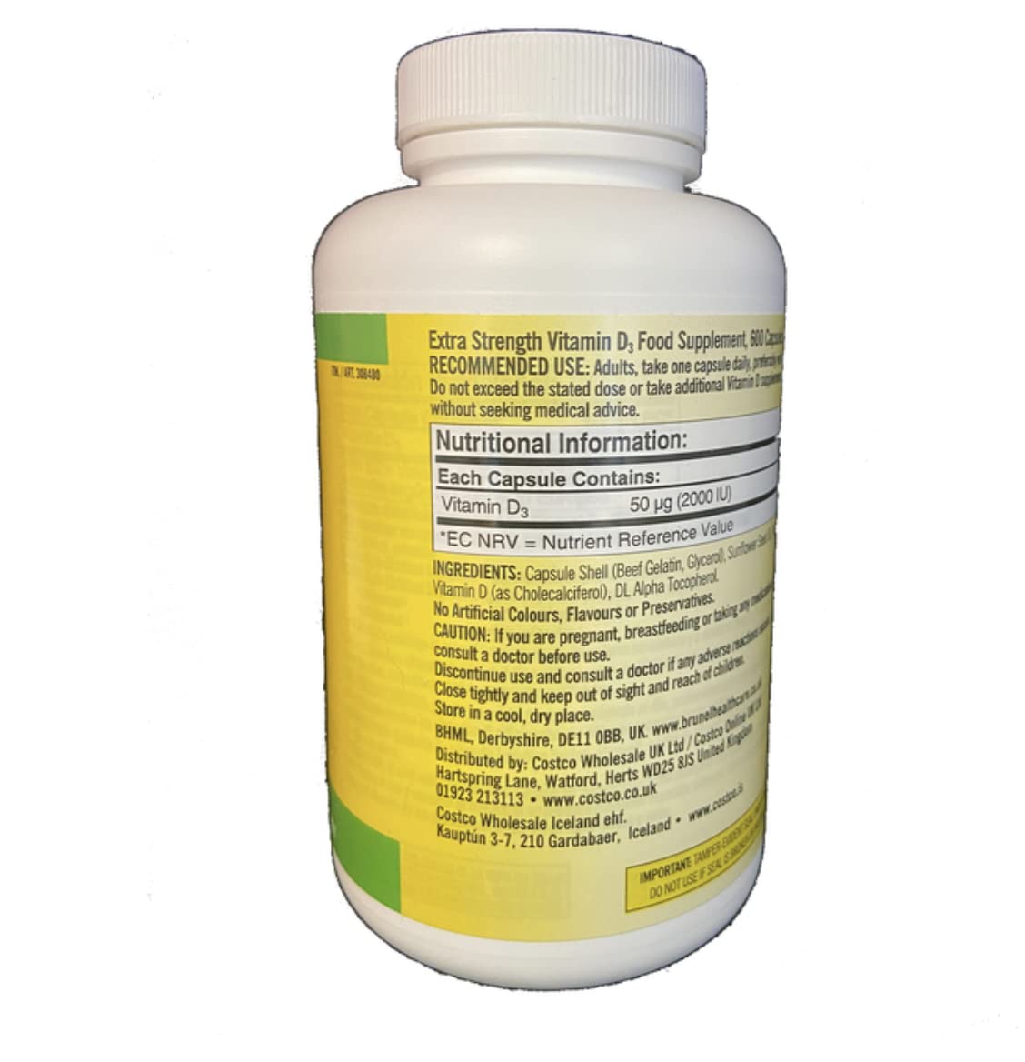 Detalle frasco Vitamina D3 2000 UI Kirkland