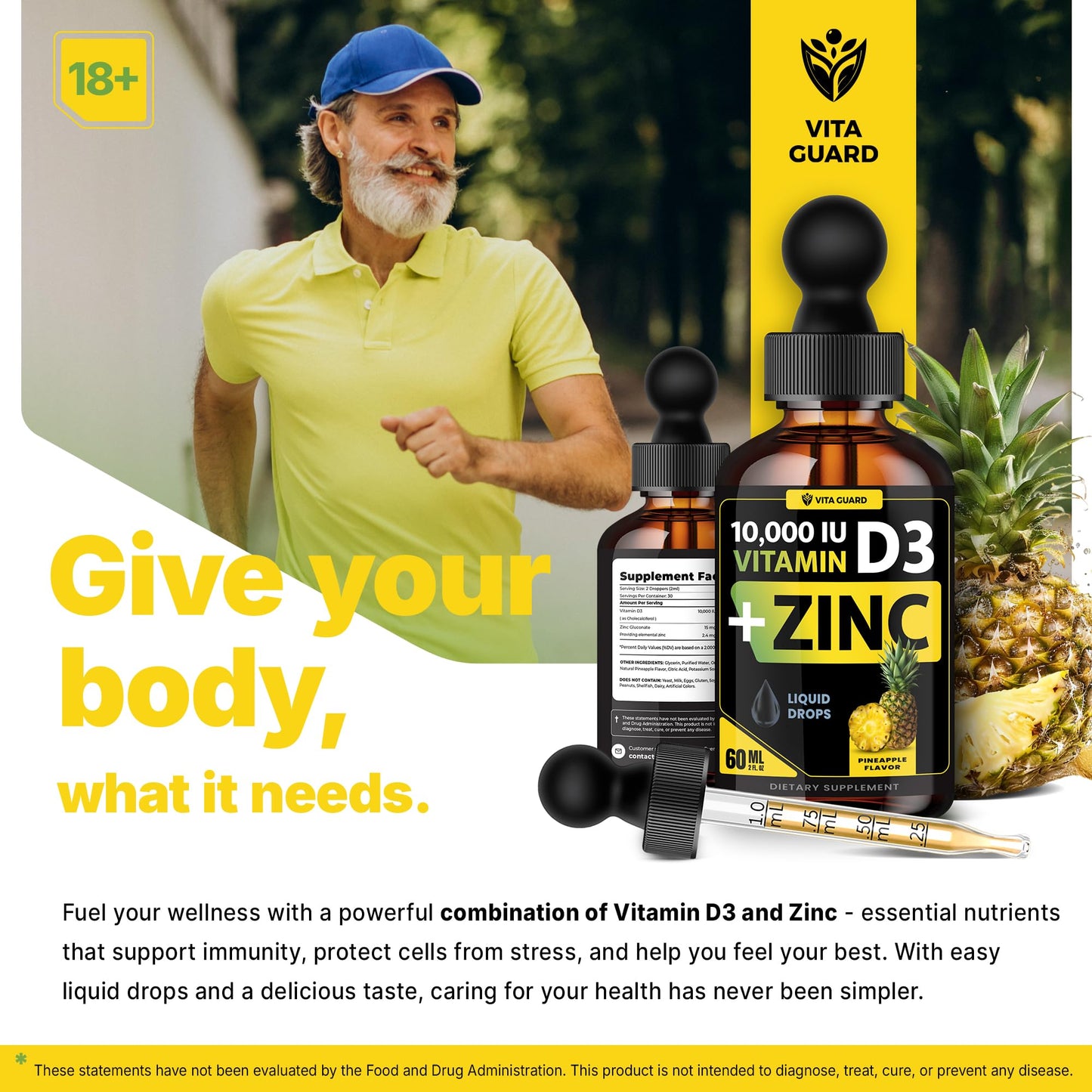 Detalle del frasco de suplemento Vita Guard Vitamina D3 y zinc
