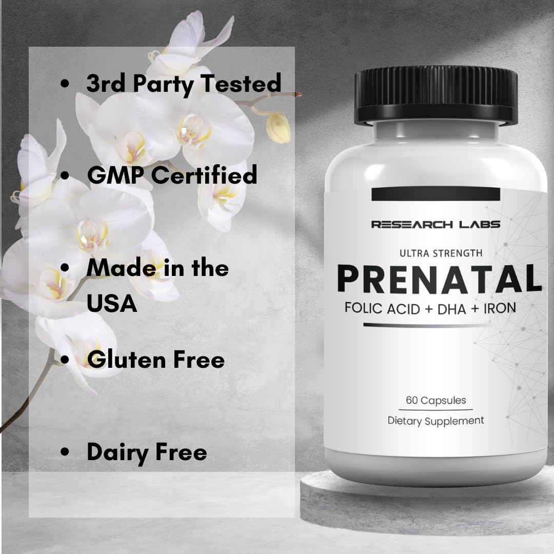 Detalle frasco vitaminas prenatales Research Labs