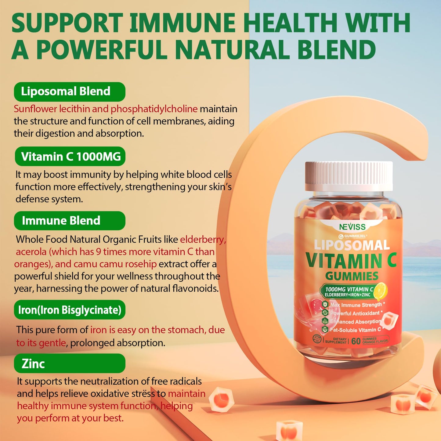 Detalle gomitas NEVISS vitamina c hierro zinc saúco