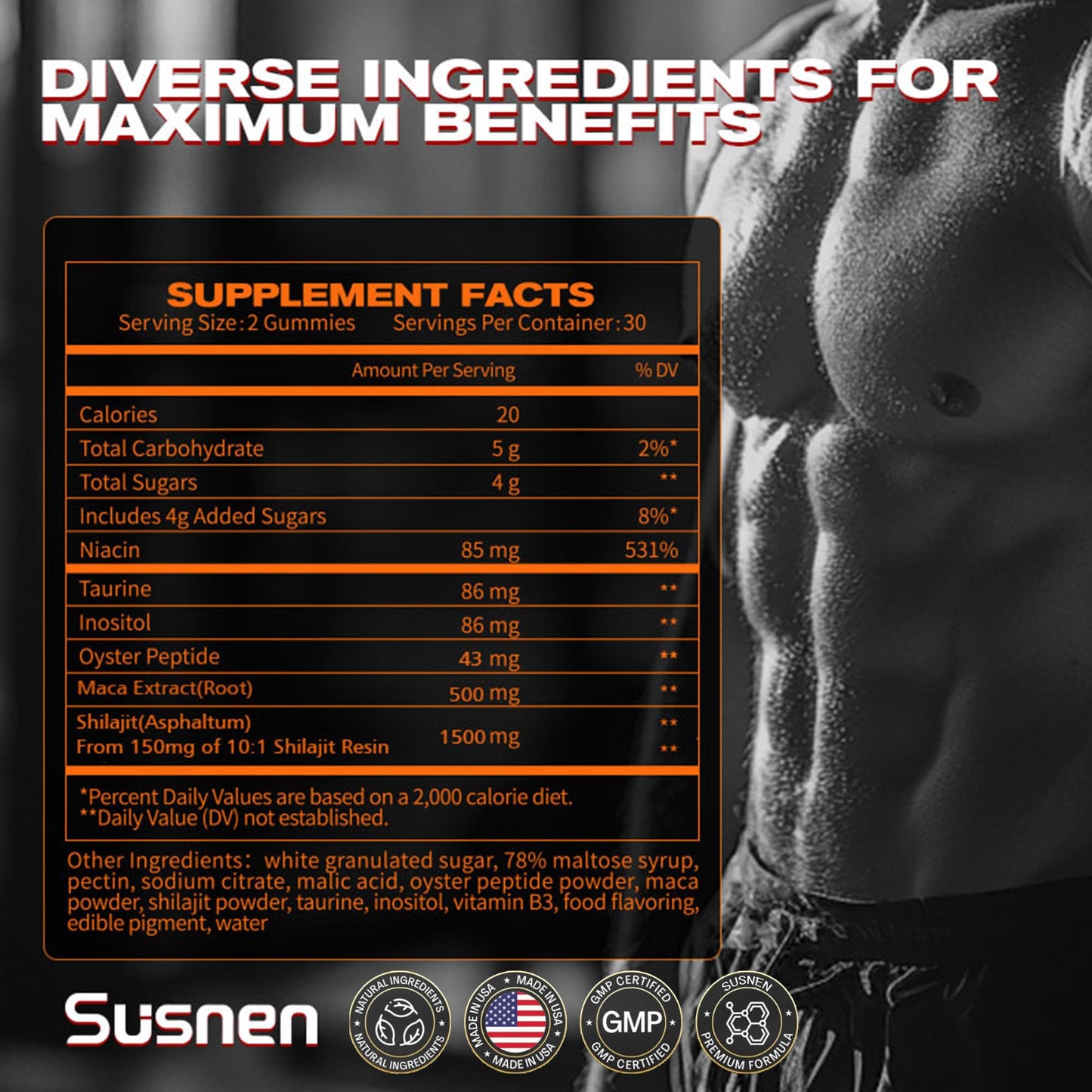 Detalle gomitas Susnen con beneficios para el cuerpo