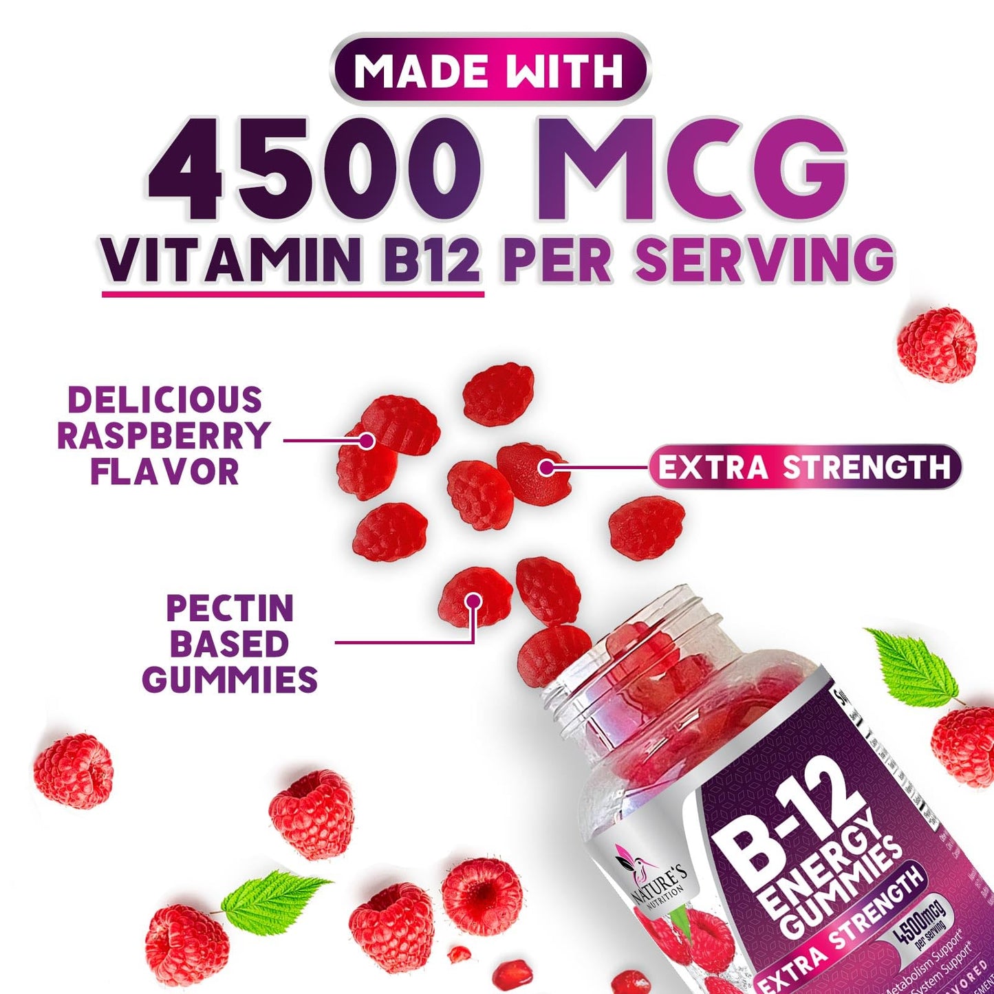 Detalle gomitas vitamina B12 Nature's Nutrition sabor frutos rojos