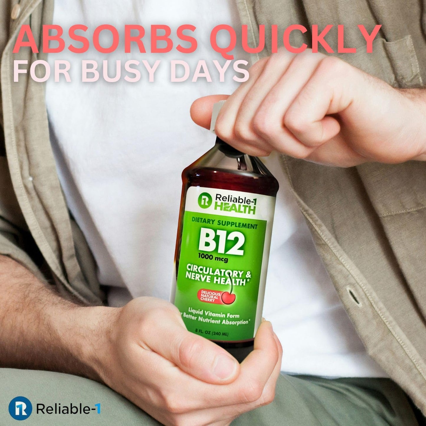 Detalle gotas vitamina B12 líquida Reliable-1 sabor cereza