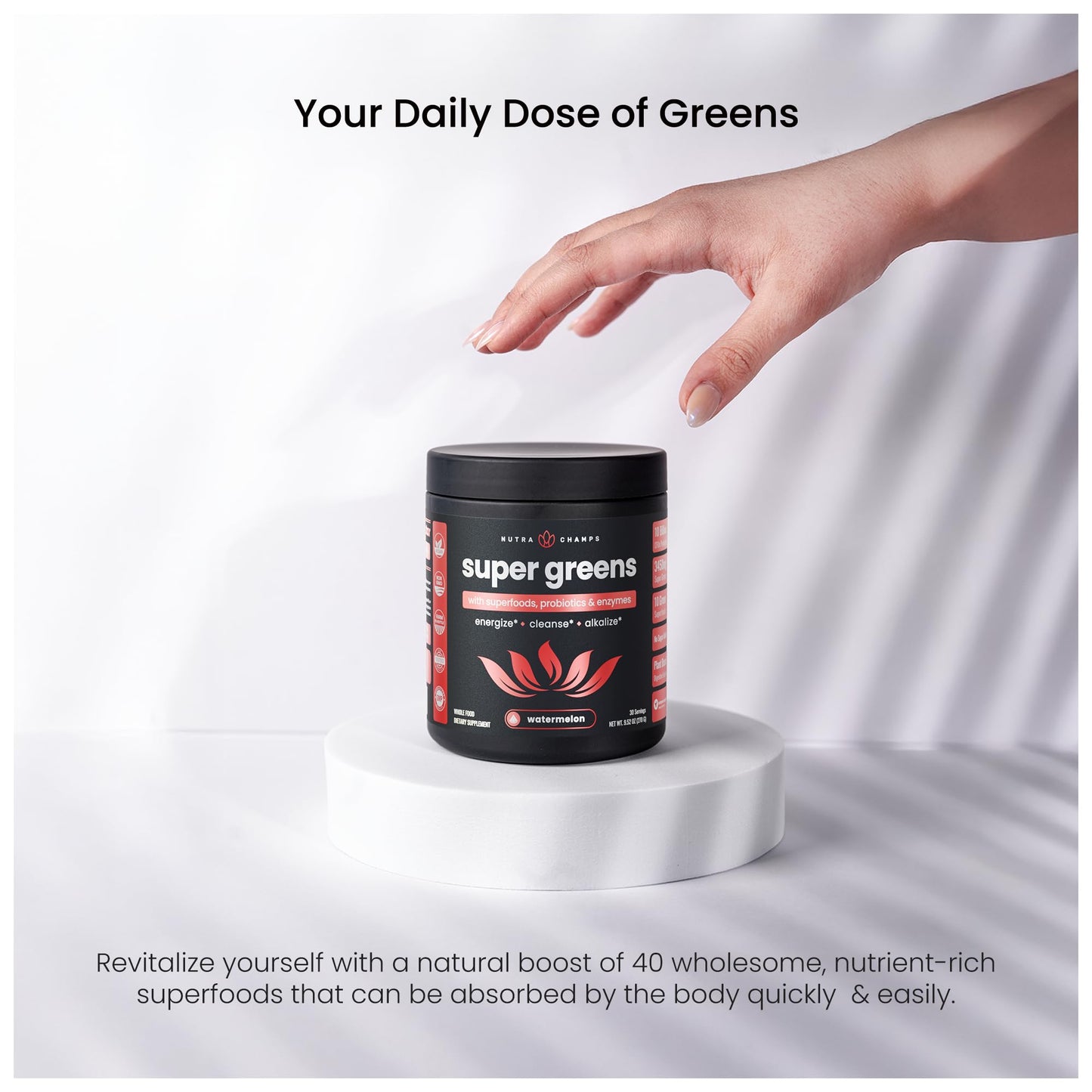 Detalle ingredientes orgánicos NutraChamps Super Greens polvo