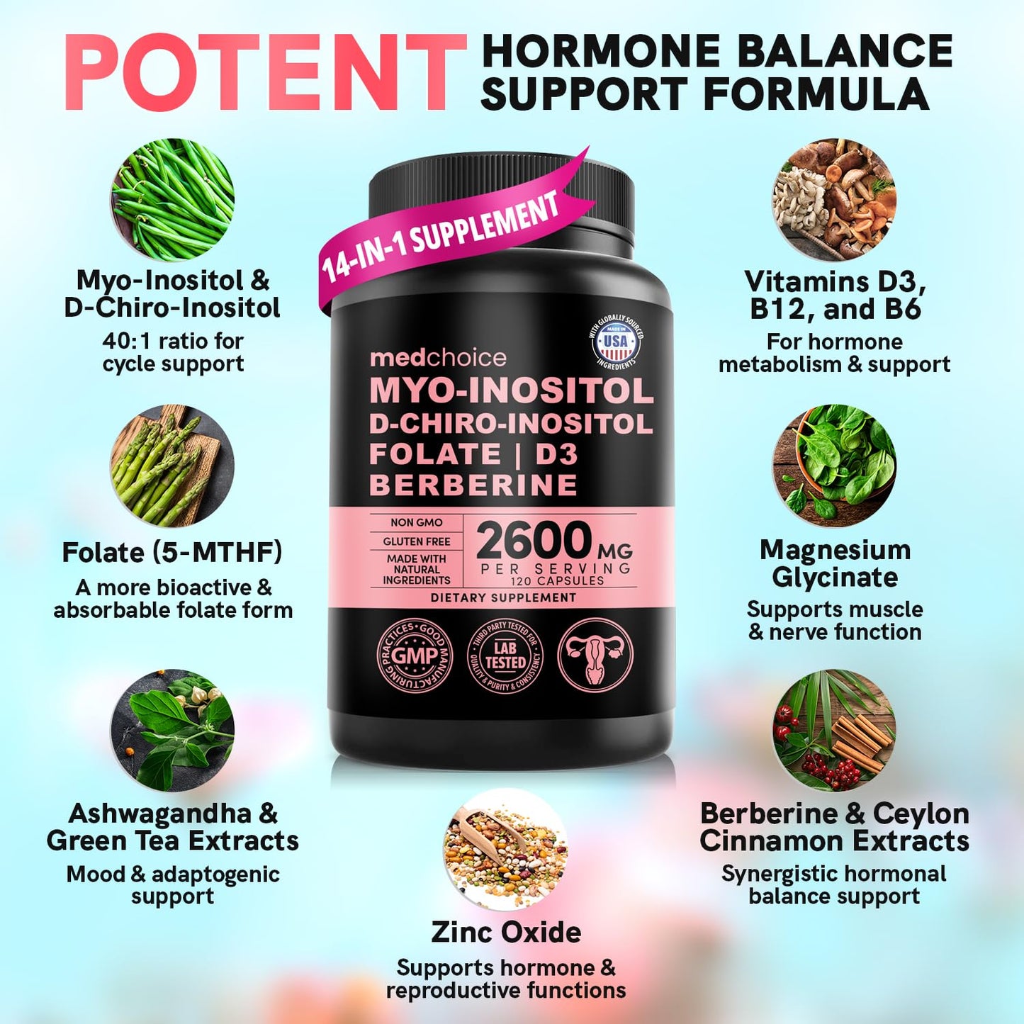 Detalle ingredientes suplementos MEDCHOICE inositol y vitaminas